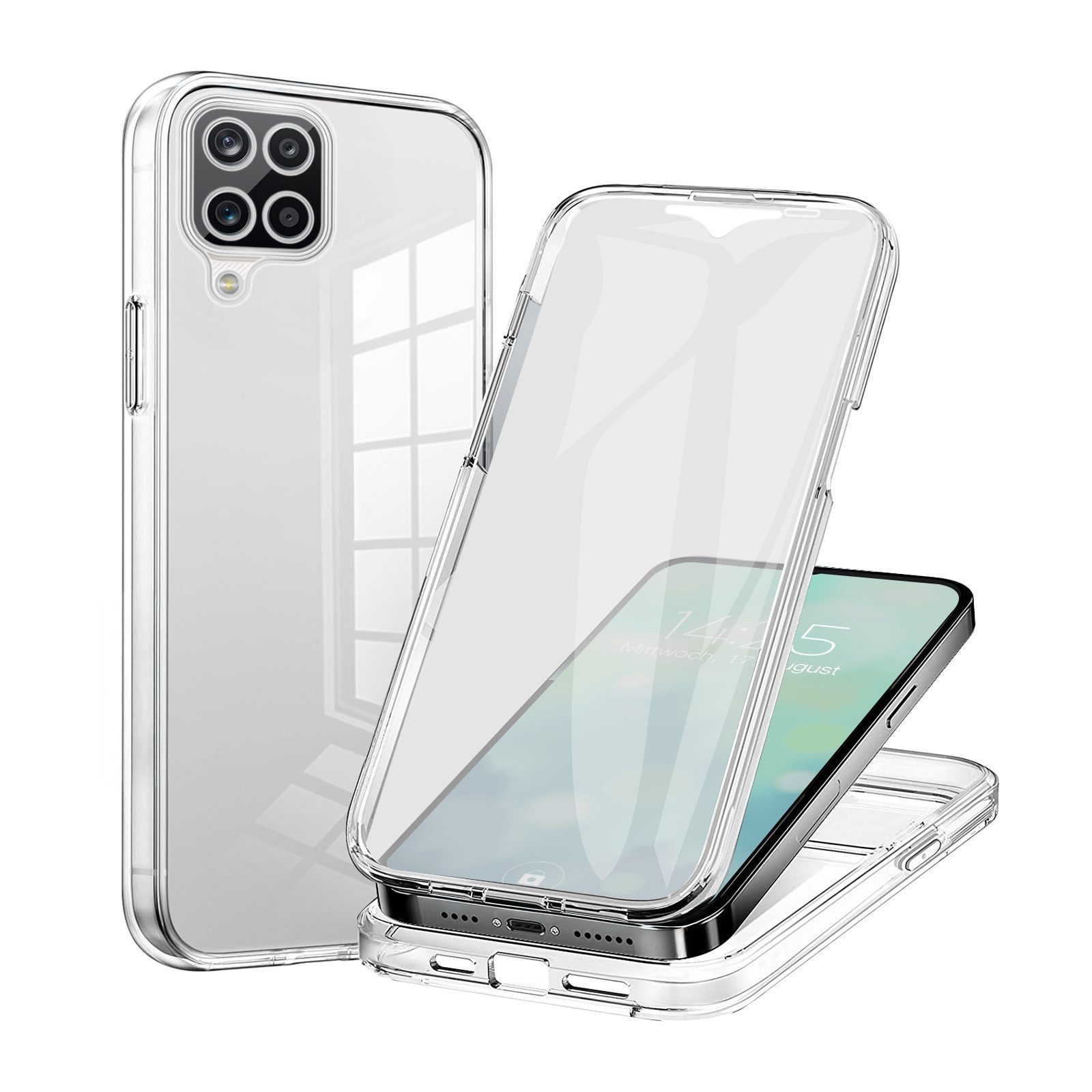 Tec-Expert Handyhülle 360 Grad Hülle für Samsung Galaxy A12 6.5 Zoll, 6.5", Rundum Schutz Cover Case Hülle Transparent