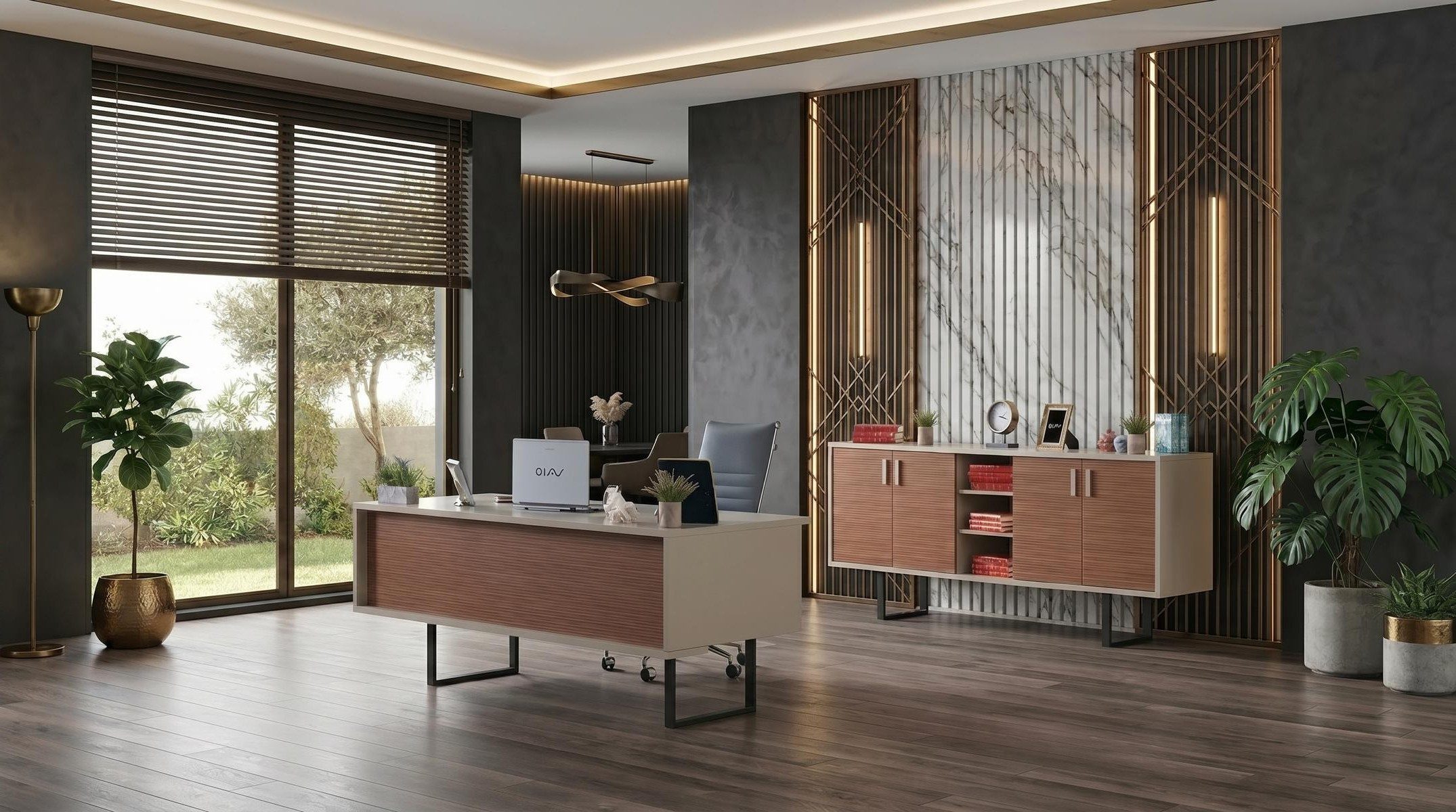Xlmoebel Büromöbel-Set Braun-beiges Büro-Set großer Schreibtisch Schrank modern Arbeitszimmer, (2-tlg., 2-tlg)