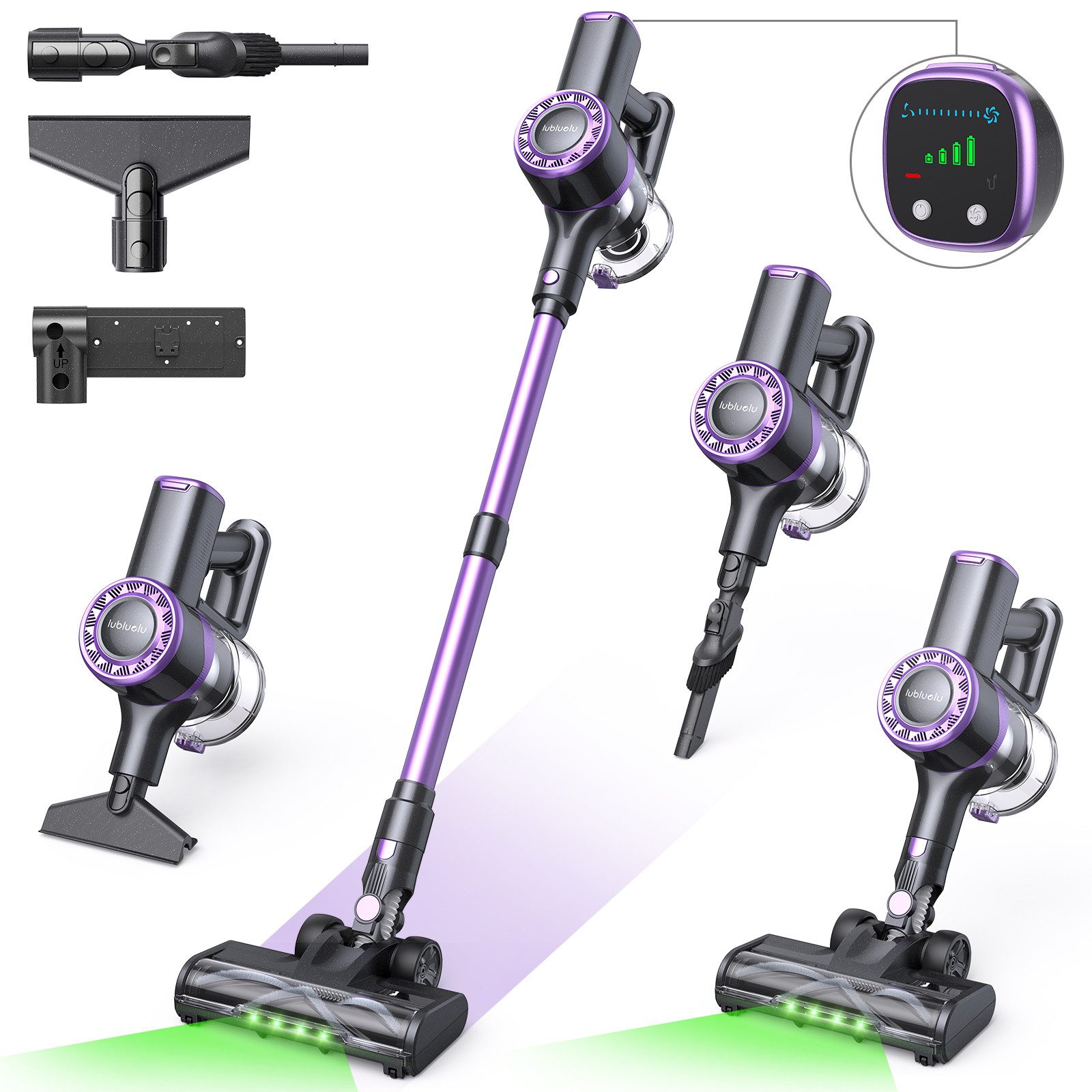 lubluelu Akku-Hand-und Stielstaubsauger P2 kabellos 6in1 Akkustaubsauger mit Geen LED 40KPA, 150 W, beutellos, 40000 Pa / V-förmige, große Anti-Verhedderungsbürste
