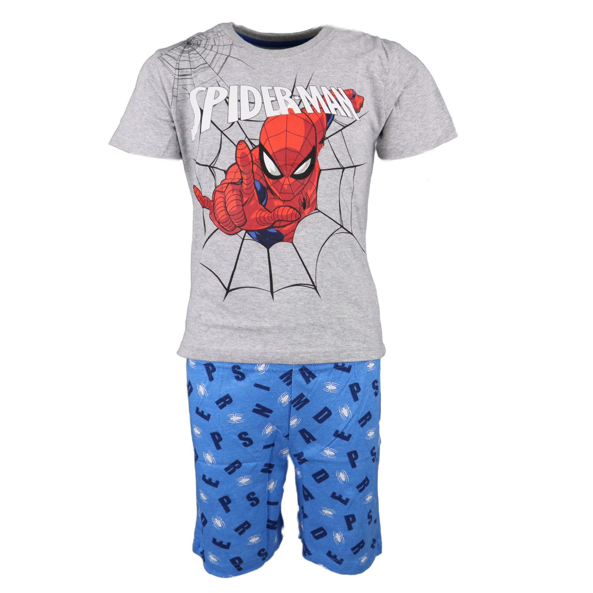 MARVEL Schlafanzug Spiderman kurzarm Jungen Pyjama Gr. 104 bis 134, Blau oder Grau