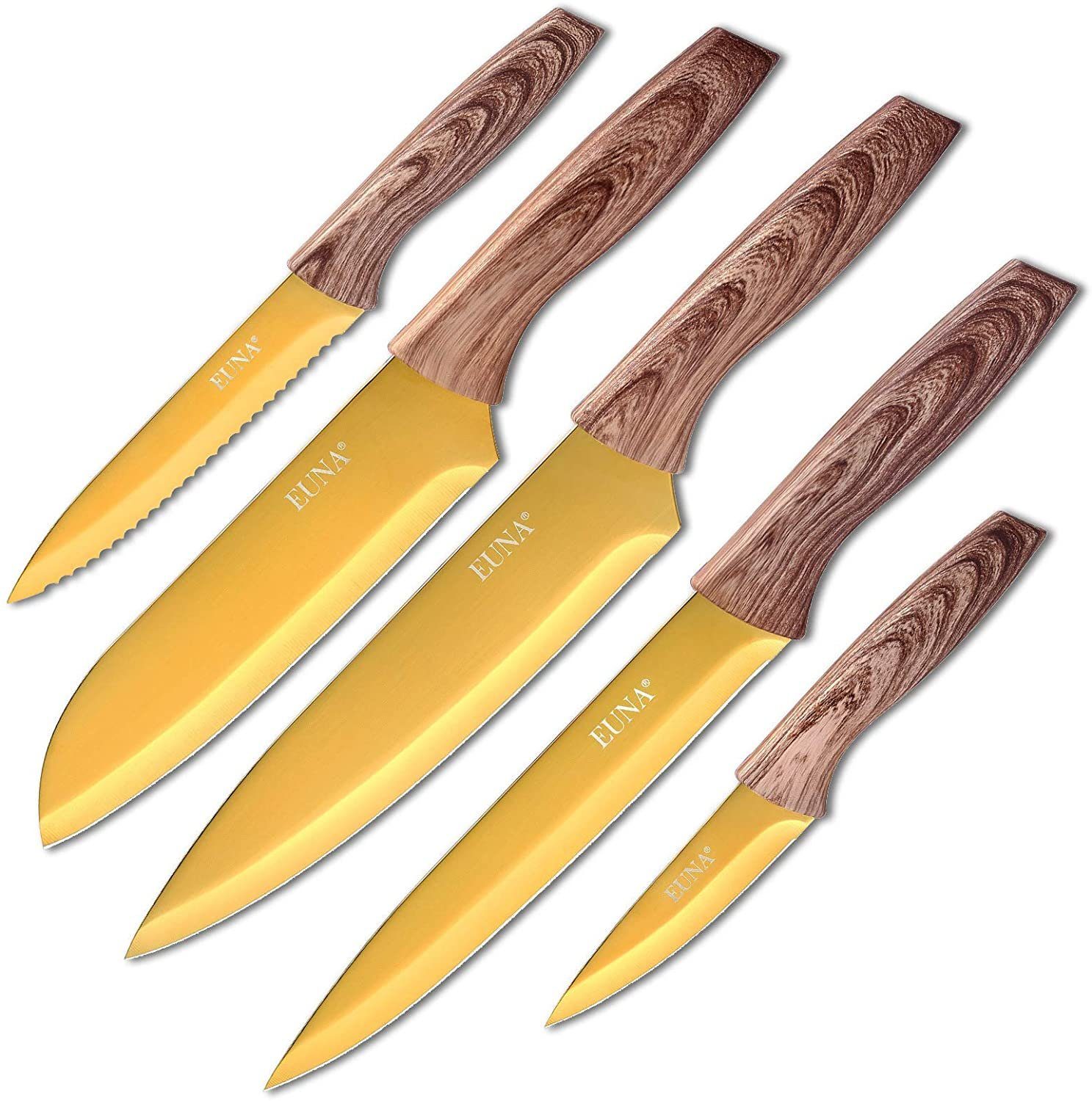 Euna Messer-Set Messer Set Brotmesser Küchenscheren Brotzeitmesser  Obstmesser & Gemüsemesser japanisches kochmesser (5-tlg),  rasiermesserscharfe Kante & 5er Set mit Schutzhülle & Edelstahlklinge  besteht aus 40CR+13 Stahl & Gold
