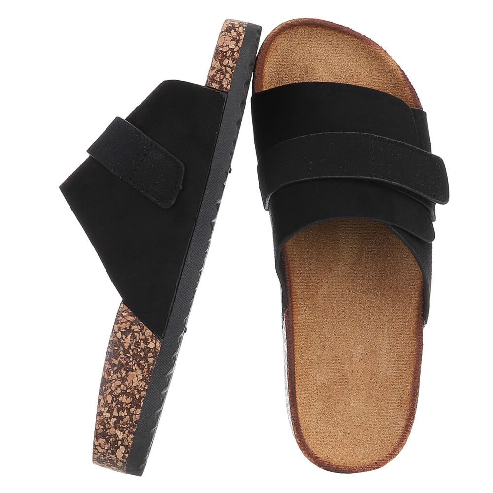 Ital-Design Bequeme Damenschuhe mit Klettverschluss für die Freizeit Pantolette (89852829) Flach Pantoletten in Schwarz