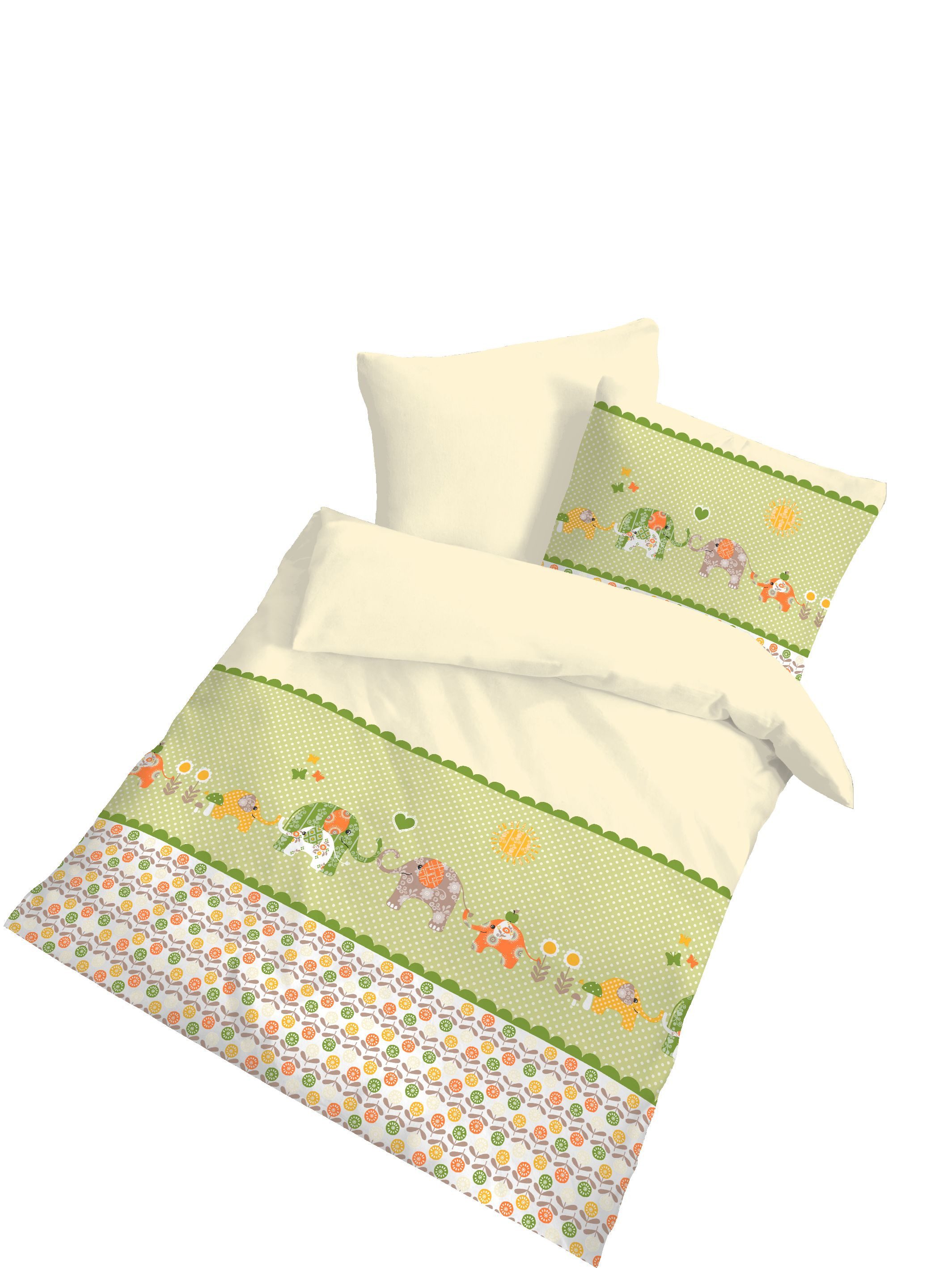 DOBNIG Babybettwäsche Biber Babybettwäsche 2tlg 100x135cm Elefanten grün Made in Germany, Biber, 2 teilig, Warme Biber Flanell Baby Kinder Bettwäsche 100x135 Herbst Winter
