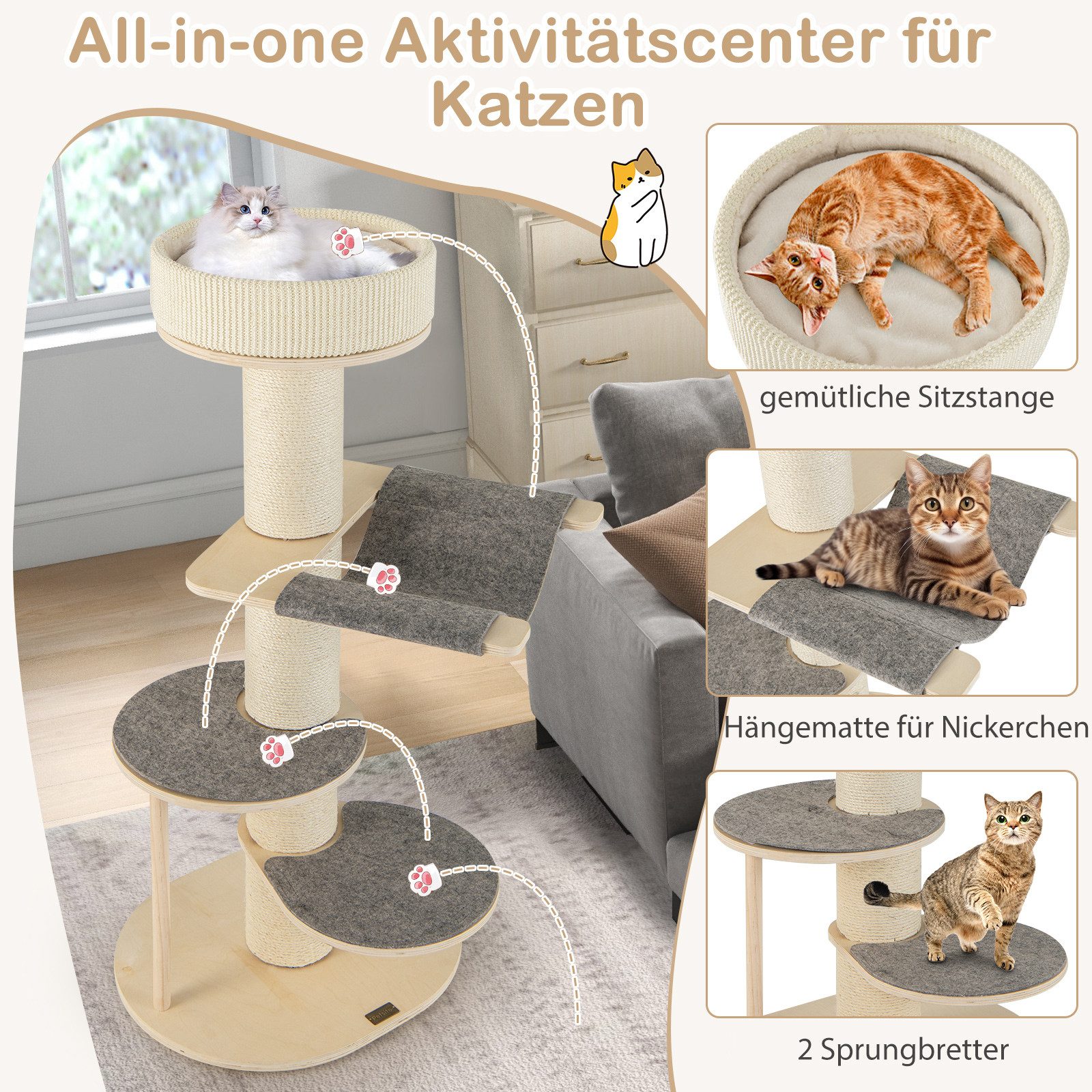 COSTWAY Kratzbaum, 120cm, mit Hängematte & 3 Plattformen & Kratzsäule
