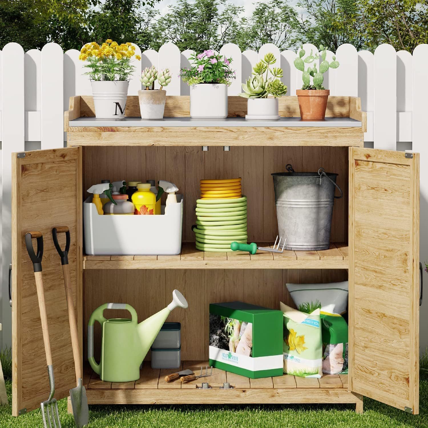 Blishom Garten-Geräteschrank Wetterfester in Holz-Gartenschrank mit Metall-Arbeitsplatte, 98 × 48 × 95 cm, Gartenpflanzbank mit Stauraum
