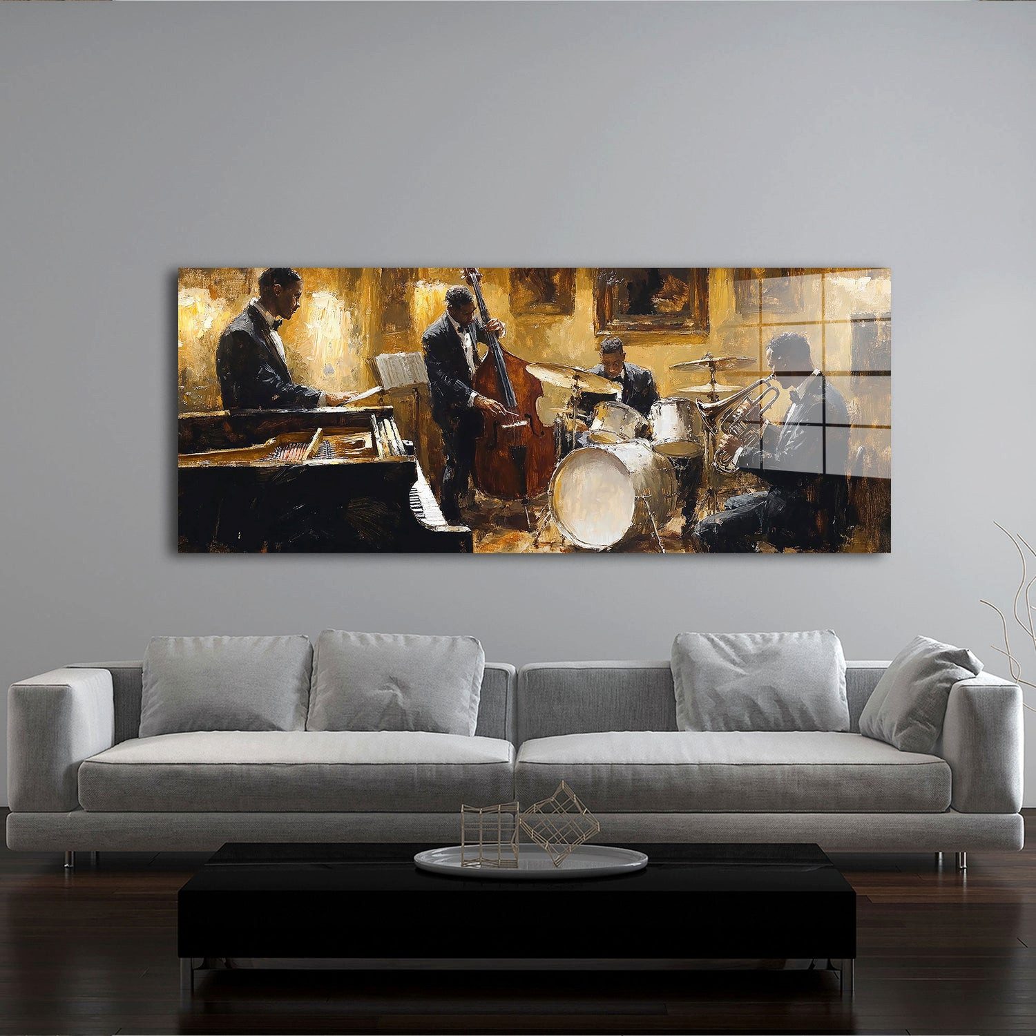 Artedinoi Acrylglasbild Jazz Trio Acrylglasbild Wandbild Klavier Schlagzeug Gold Schwarz XXL, Jazz Trio mit Klavier Kontrabass und Schlagzeug