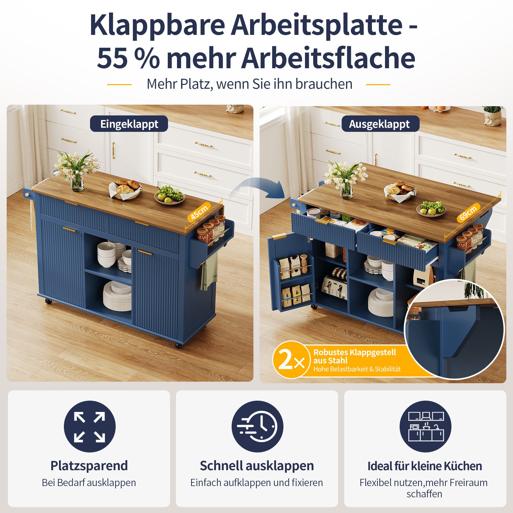 i@home Kücheninsel Küchenwagen, (auf Rollen klappbar Arbeitsplatte freistehend), mit Schubladen Türen Türablagen Gewürzregale