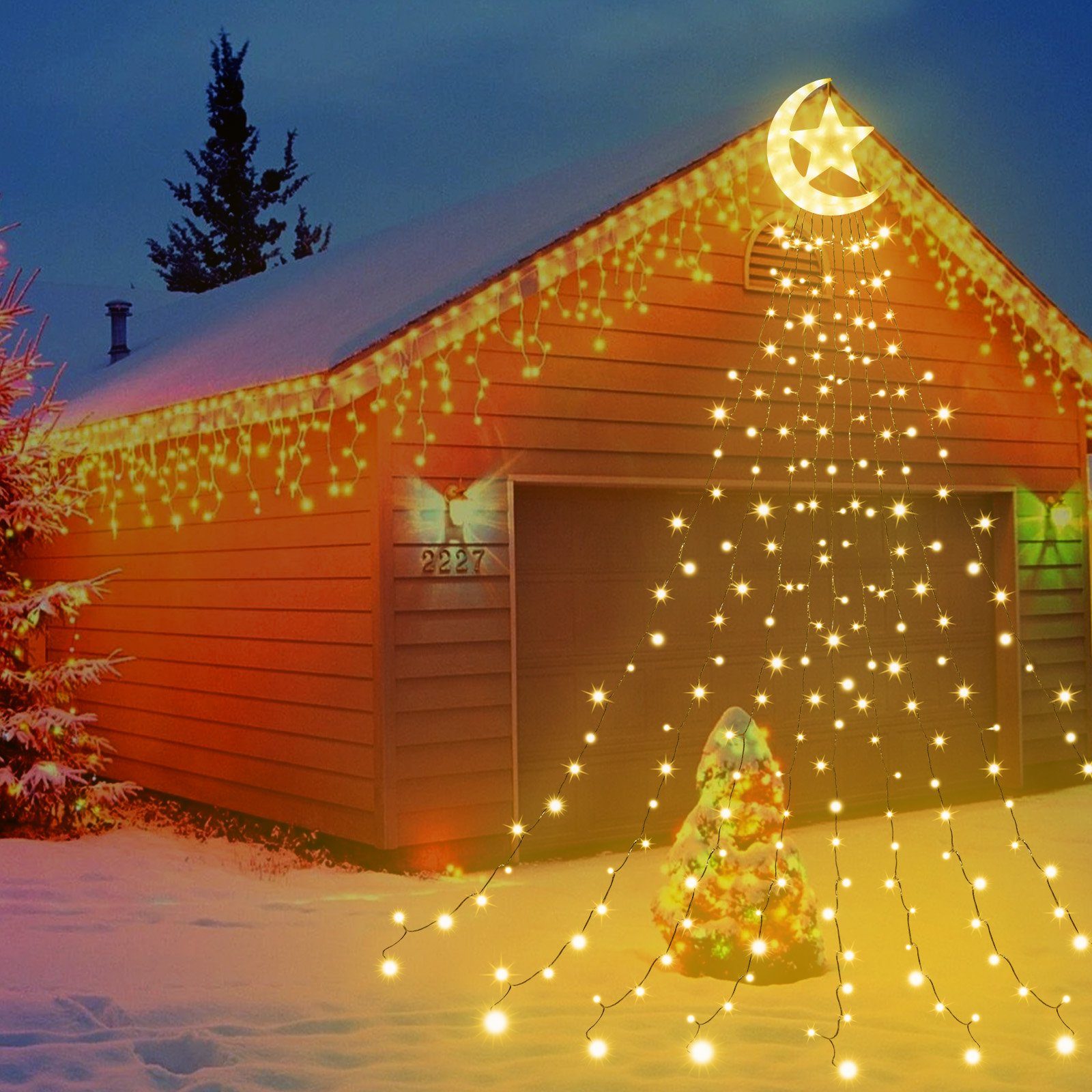 Warmes Wasserfall Weiß Weihnachtsbaum Timer Star, Lichterkette, LED LED-Lichterkette Modi, Sunicol 8 350-flammig, Topper