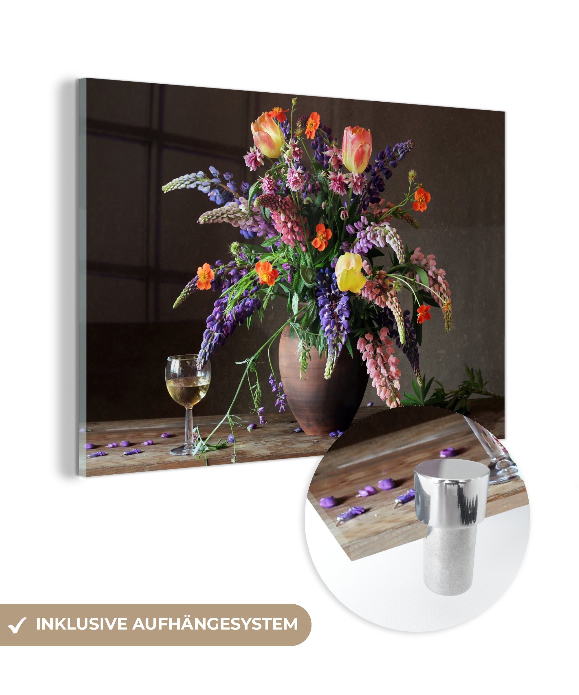 St), Stilleben auf - Wanddekoration Wandbild Bilder - - Foto (1 Blumen, Glas - MuchoWow Glas - auf Acrylglasbild Wein Glasbilder