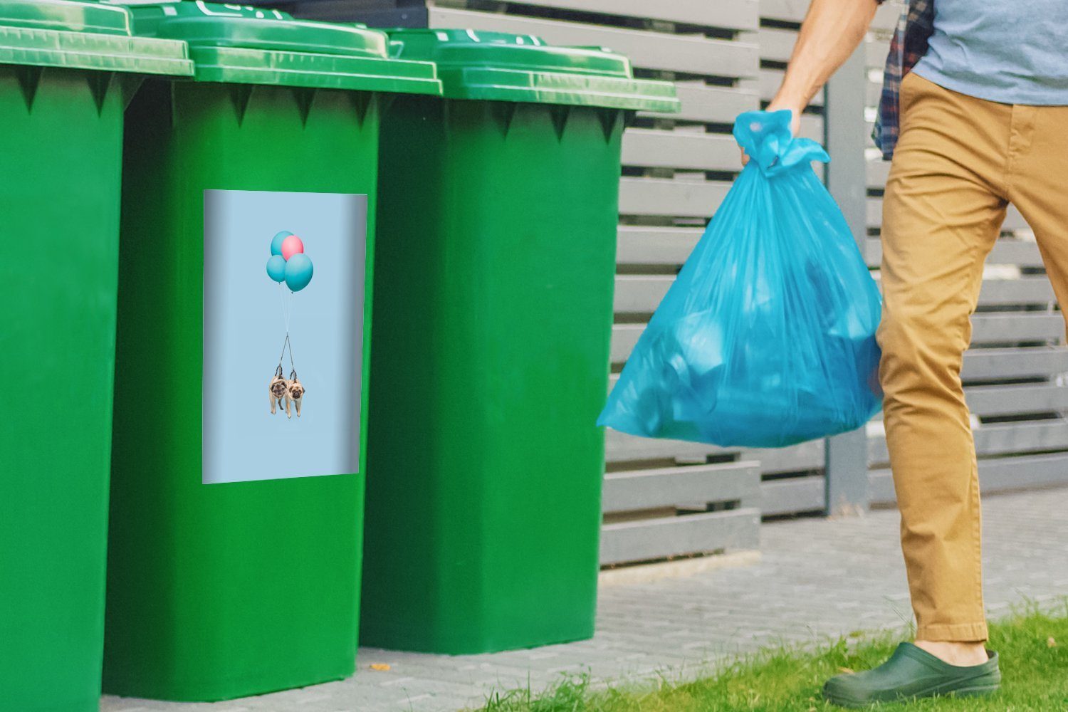 MuchoWow und (1 Mülltonne, Zwei Sticker, Container, Abfalbehälter St), Möpse auf Mülleimer-aufkleber, rosa blauen Luftballons Wandsticker