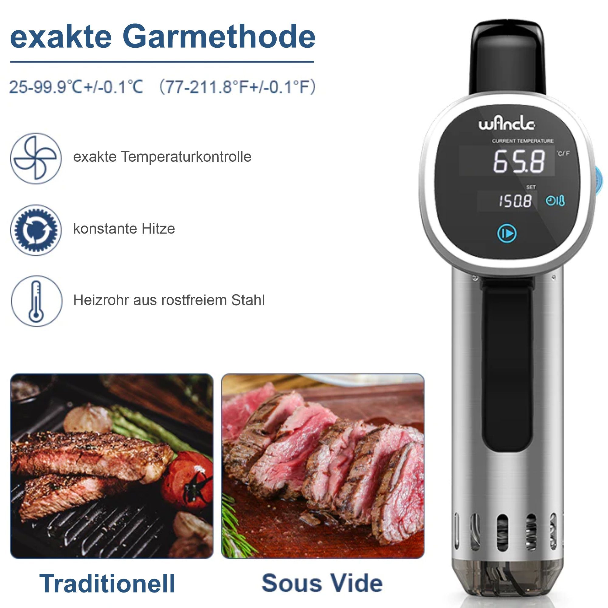 Wancle Sous-Vide Stick, 850W, Mind. Topfhöhe: ca. 12cm, Trockenlaufschutz