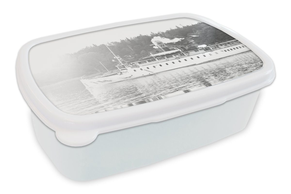 MuchoWow Lunchbox Dampfer auf einem See - schwarz und weiß, Kunststoff, (2-tlg), Brotbox für Kinder und Erwachsene, Brotdose, für Jungs und Mädchen