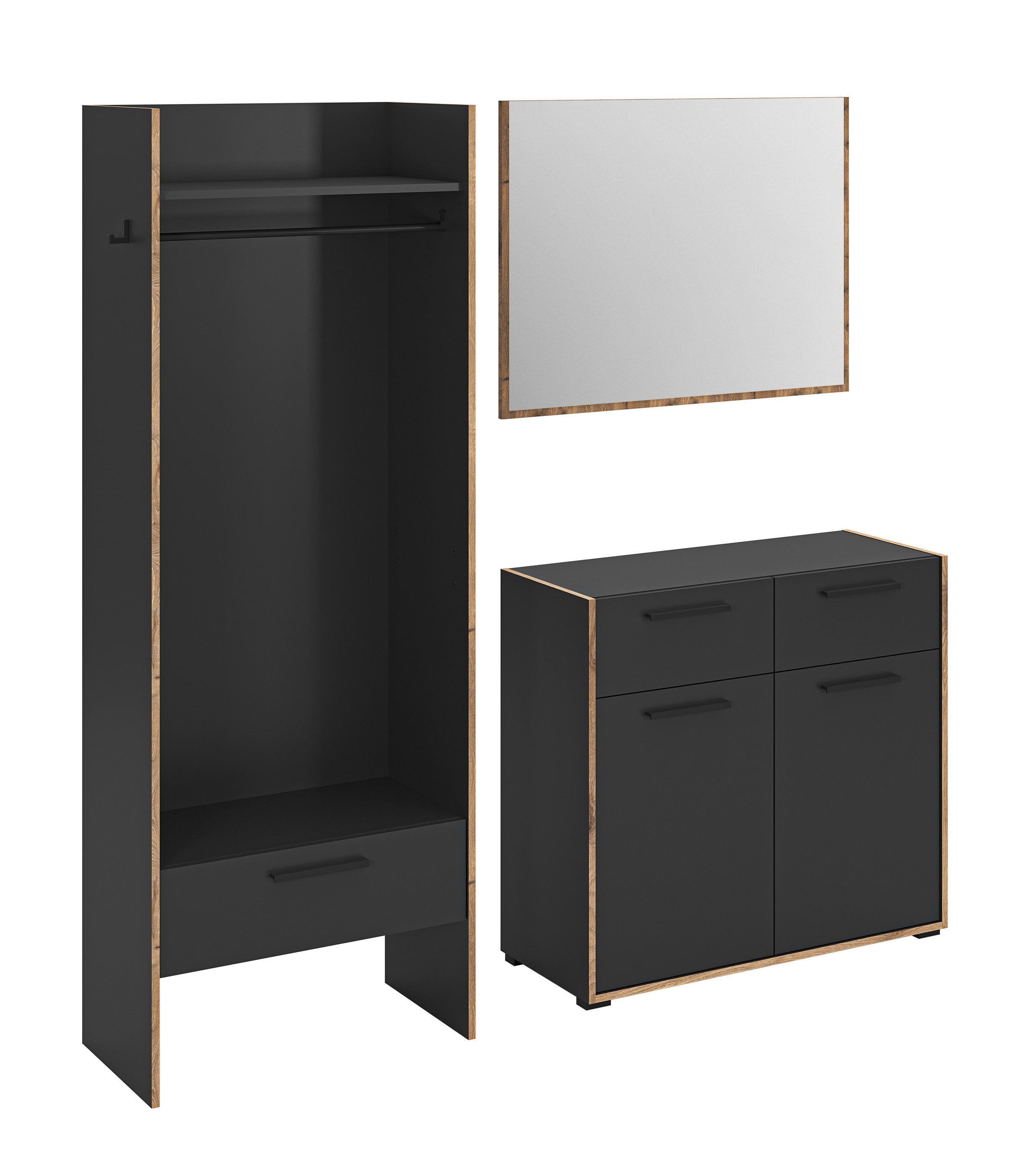 furnling Garderoben-Set Burea, (3-St., Garderobenschrank, Kommode, Spiegel), mit Garderobenstange, kratzfeste Oberfläche, Breite 180 cm