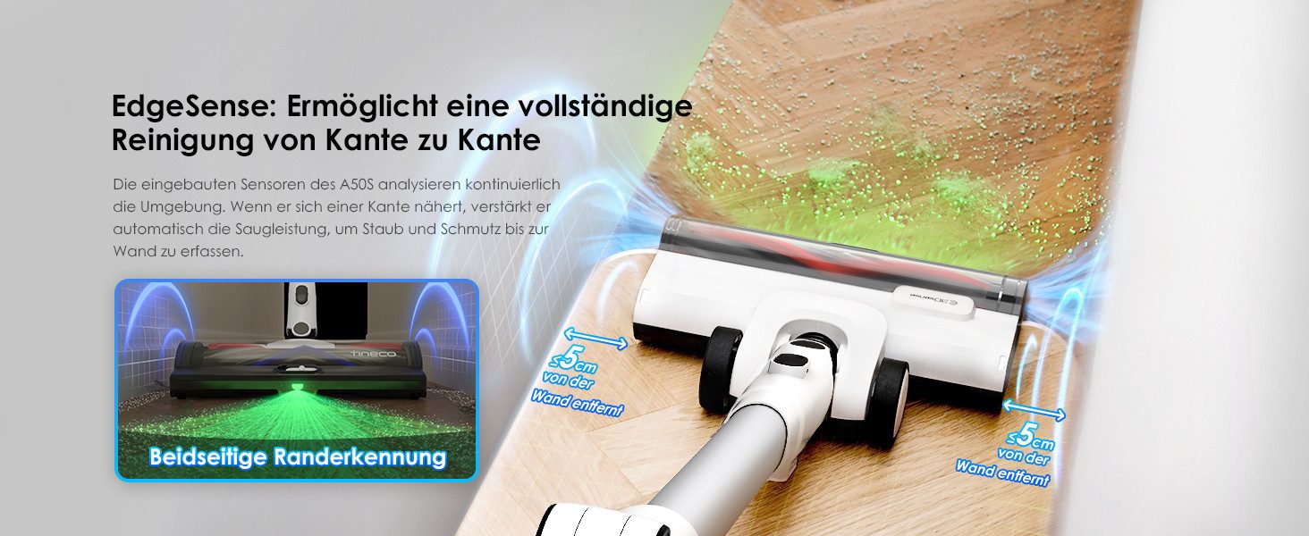 Tineco Akku-Stielstaubsauger Pure One A50S, Effektiv gegen Tierhaare, flexibles Saugrohr, 60 Min, 500 W, beutellos, Weitwinkel-Scheinwerfer, Zyklonfilter, 60Min Laufzeit, Akku wechselbar