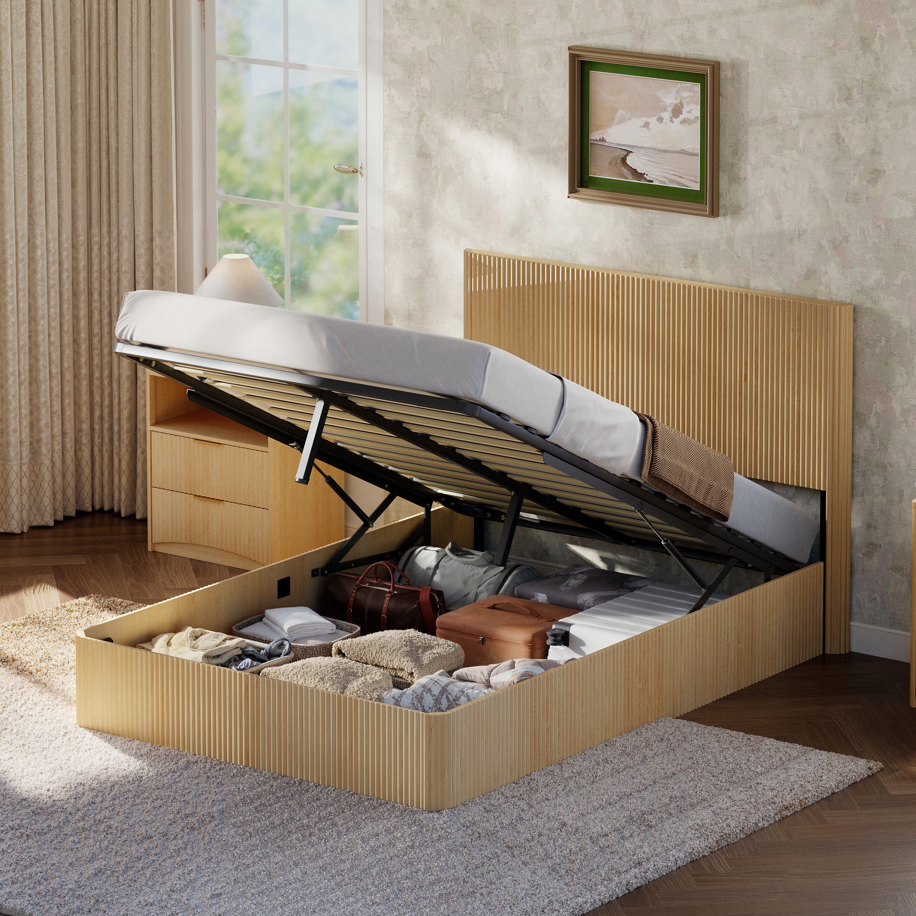 OKWISH Stauraumbett Jugendbett Funktionsbett (mit hydraulischem Lift-System und Rillenoptik, großer Stauraum, stabile Latten, Kinderbett 140x200 cm), ohne Matratze