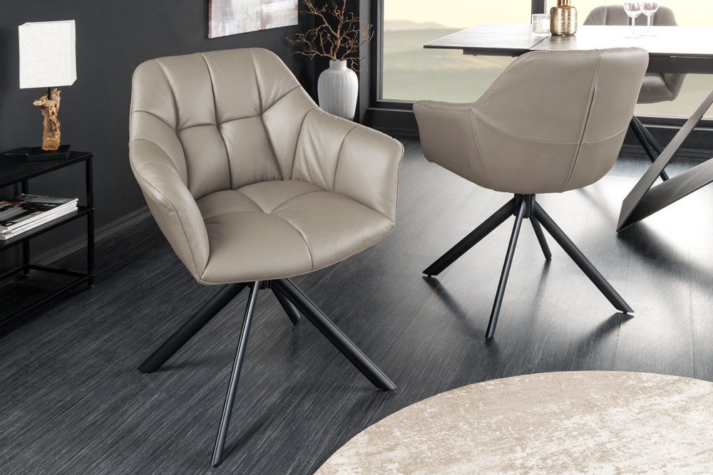 riess-ambiente Polsterstuhl PAPILLON taupe/schwarz – Echtleder, Metall, mit Armlehne, Steppung (Einzelartikel, 1 St), 180° drehbar & automatischer Rückführung – ideal für Esszimmer & Büro