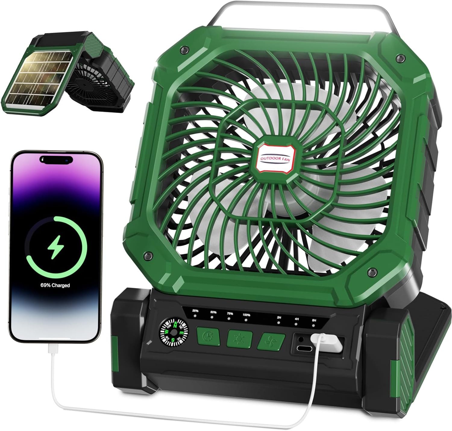 MOPUEA Akku-Standventilator USB Akku Ventilator mit LED Licht 3 Stufen Timerfunktion Powerbank, Solarbetrieb Timer Kompass LED Licht und Powerbank Funktion
