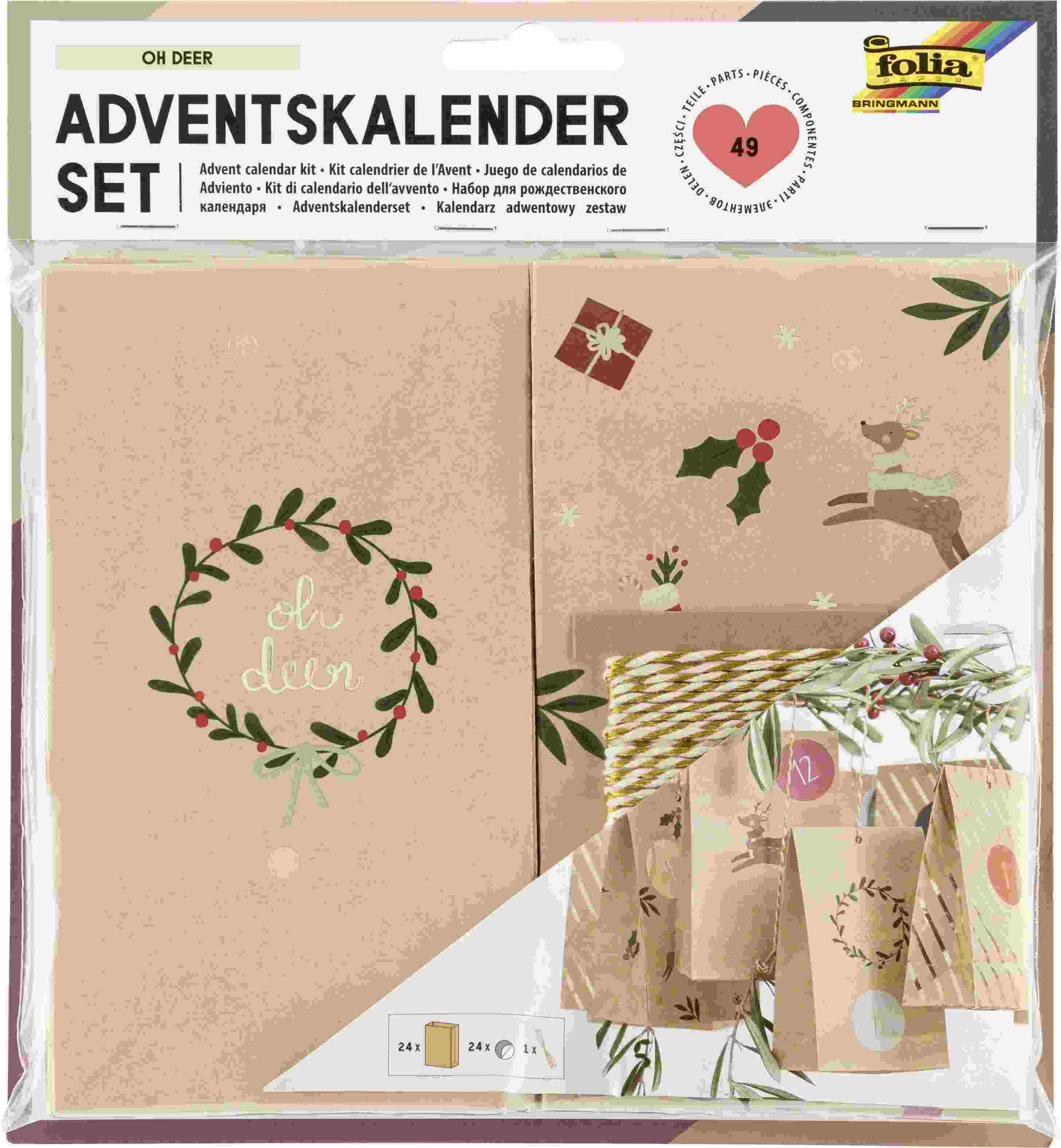 Folia Adventskalender Folia Adventskalender Set OH DEER, aus 24 Blockbodenbeutel, Kordel...