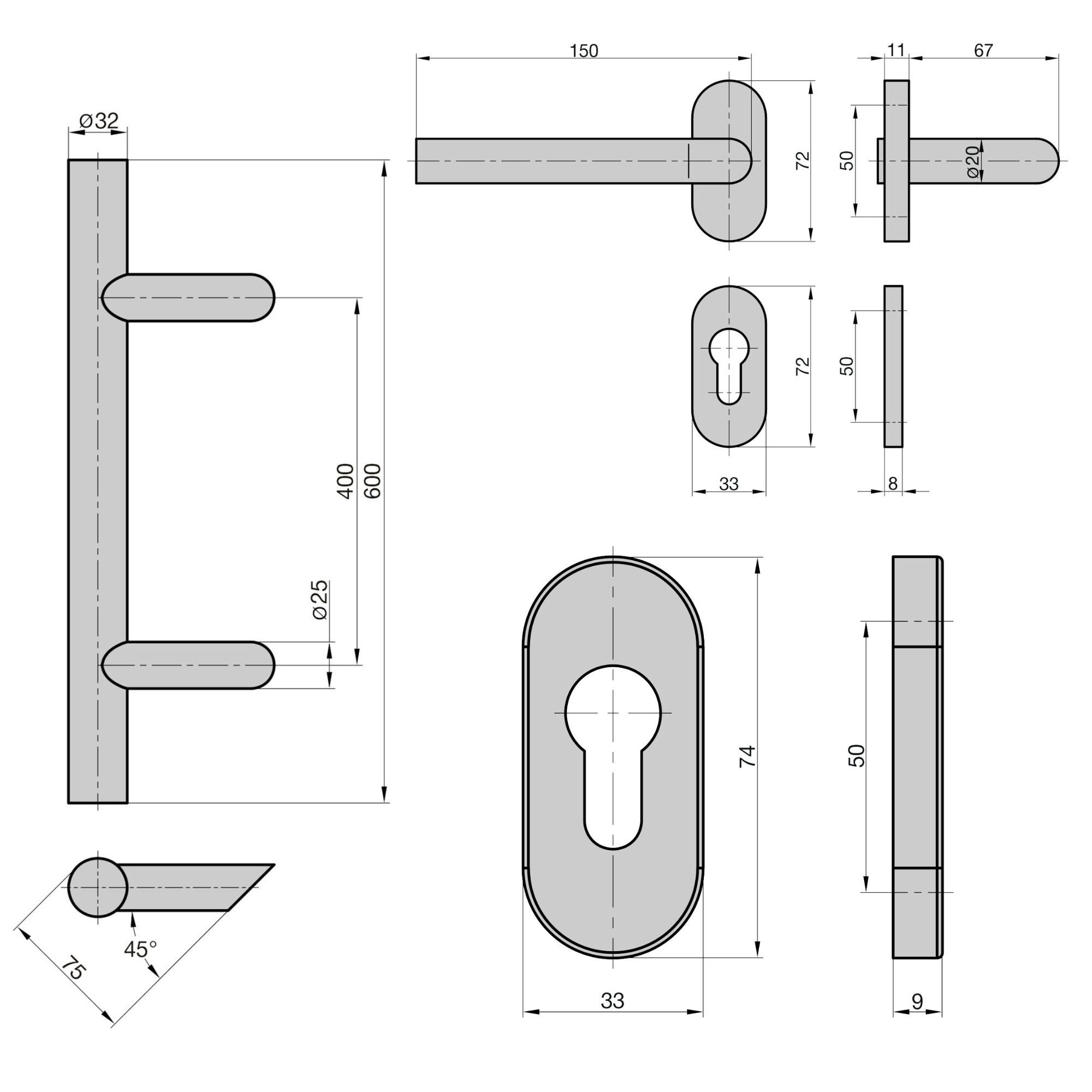 BASI Stoßgriff Stangengriff, Spar-Set, Komplettset, Stoßgriff Länge 600 mm  Abstand/Achsmaß 400 mm, Ø32 mm