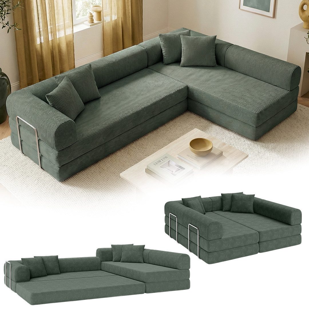 skølm Sofa & Sessel Lofn aus Vollschaum Cord, umwandelbar zum Schlafsofa/-Sessel, Dunkelgrün, Ecksofa 300 cm breit, 4 Sitzer, kein Aufbau erforderlich, vakuumiert