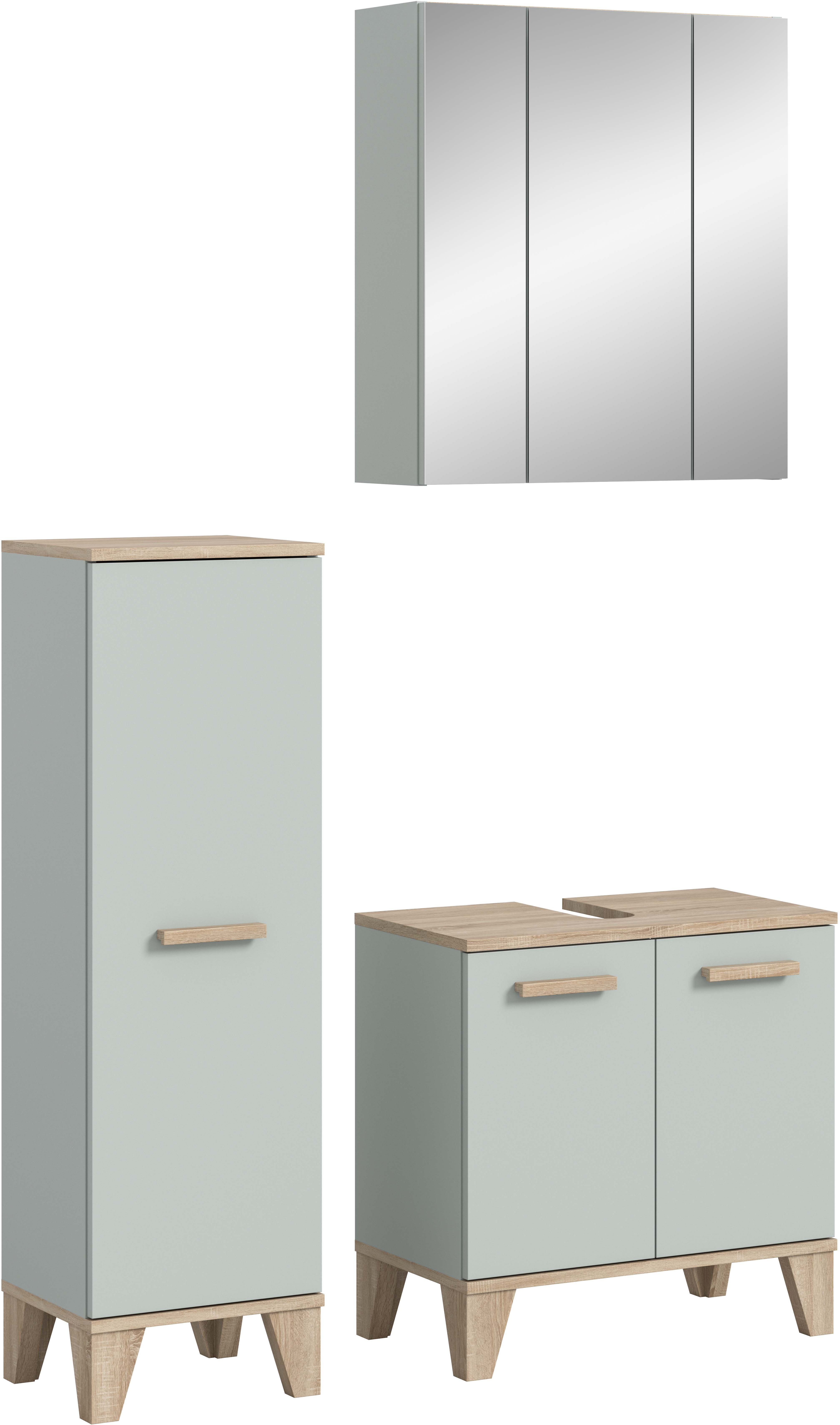 welltime Badmöbel-Set MINTTU, 3-teilige moderne Badkombination im SCANDI-Look, (3-St., bestehend aus: Midischrank, Waschbeckenunterschrank & Spiegelschrank), Bad-Kombination, Bad-Möbel, Badezimmer, Kombination, Kombi, Bad-Set