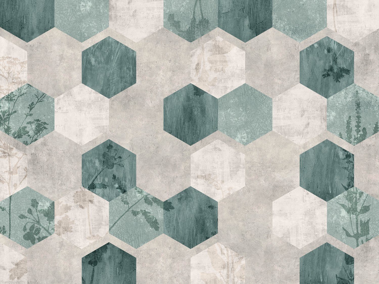 queence Küchenrückwand Mosaike - Vintage - Pflanzen - Grau/Grün - Spritzschutz Wandschutz, (1-tlg), 60x40x0,3 cm - Hitzebeständig - Herdspritzschutz - Alu-Dibond