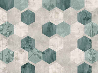 queence Küchenrückwand Mosaike - Vintage - Pflanzen - Grau/Grün - Spritzschutz Wandschutz, (1-tlg), 60x40x0,3 cm - Hitzebeständig - Herdspritzschutz - Alu-Dibond