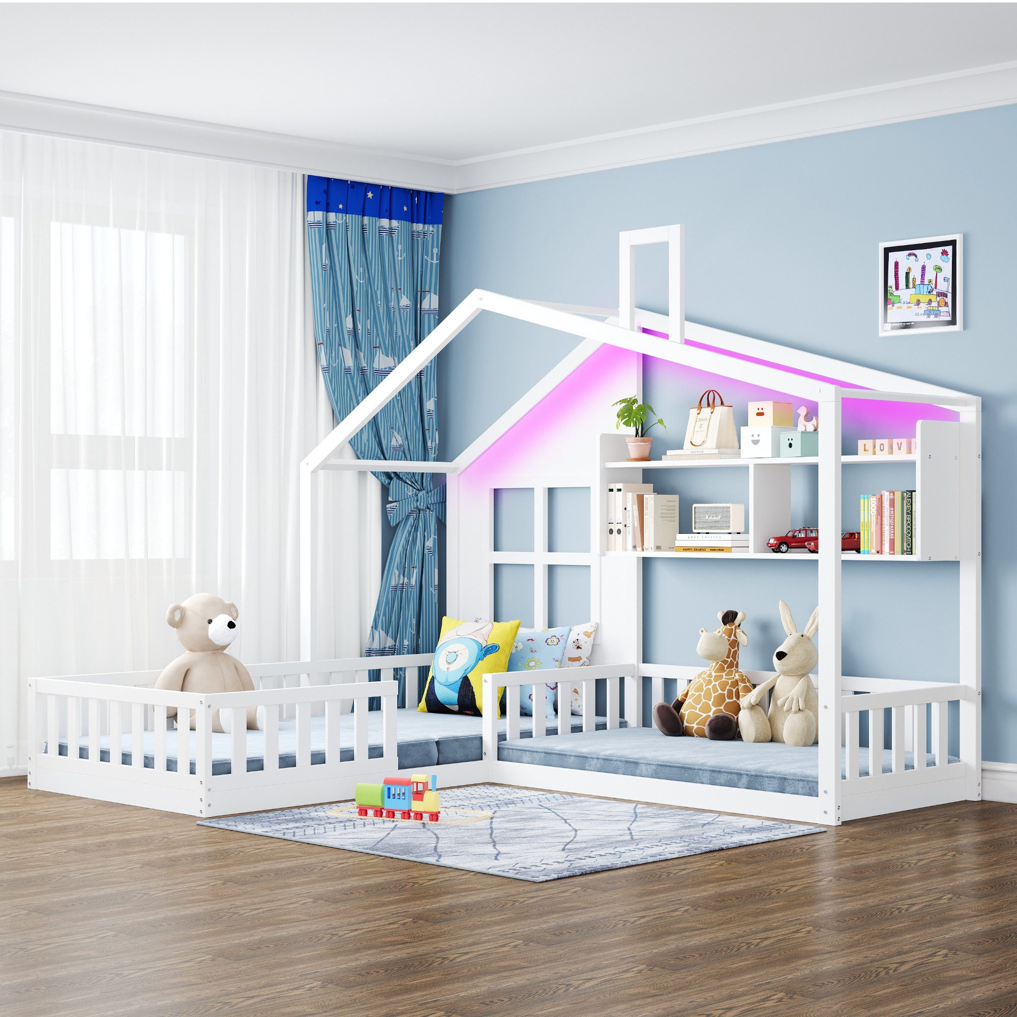 Flieks Kinderbett, Hausbett Doppelbett mit Fenster und Schornstein 90x200cm+70x140cm