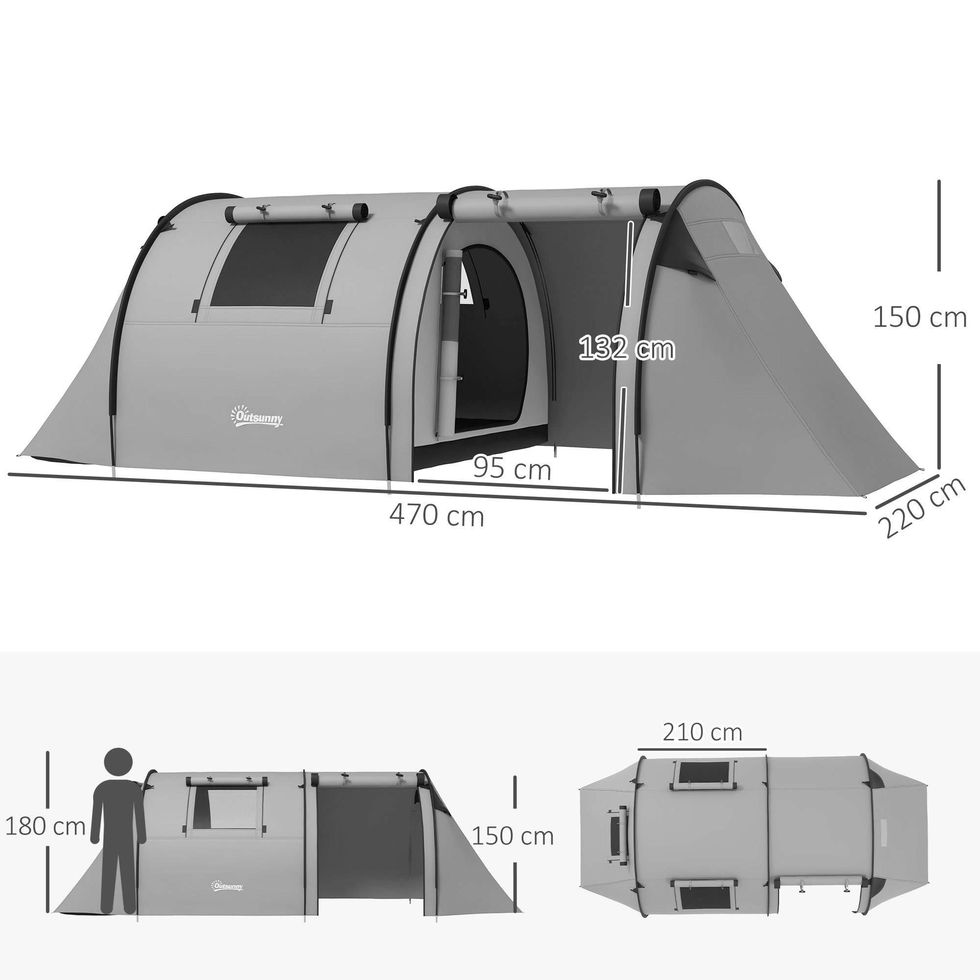 Outsunny Kuppelzelt Campingzelt stabil mit Schlafzimmer Wohnzimmer, Tunnelzelt, Personen: 4 (wasserdicht Campingzelt, 1 tlg., Familienzelt), für Camping Reise, Grau