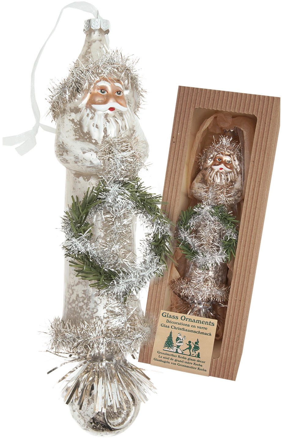 Krebs Glas Lauscha Weihnachtsbaumkugel Baumschmuck Santa nostalgisch Kranz und Reflektor silber 25cm, Dekoriert mit Liebe zum Detail