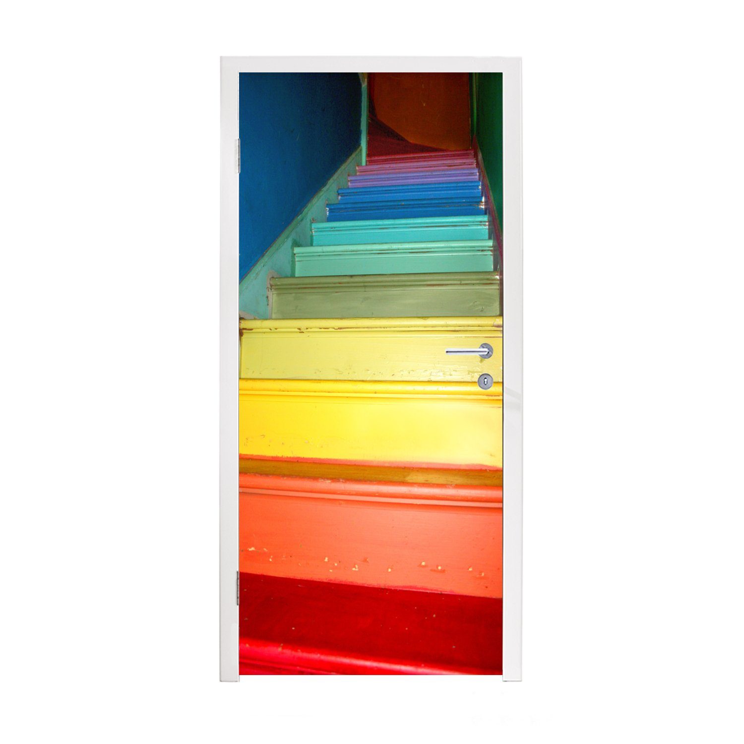 MuchoWow Türtapete Treppe in den Farben des Regenbogens, Matt, bedruckt, (1 St), Fototapete für Tür, Türaufkleber, 75x205 cm