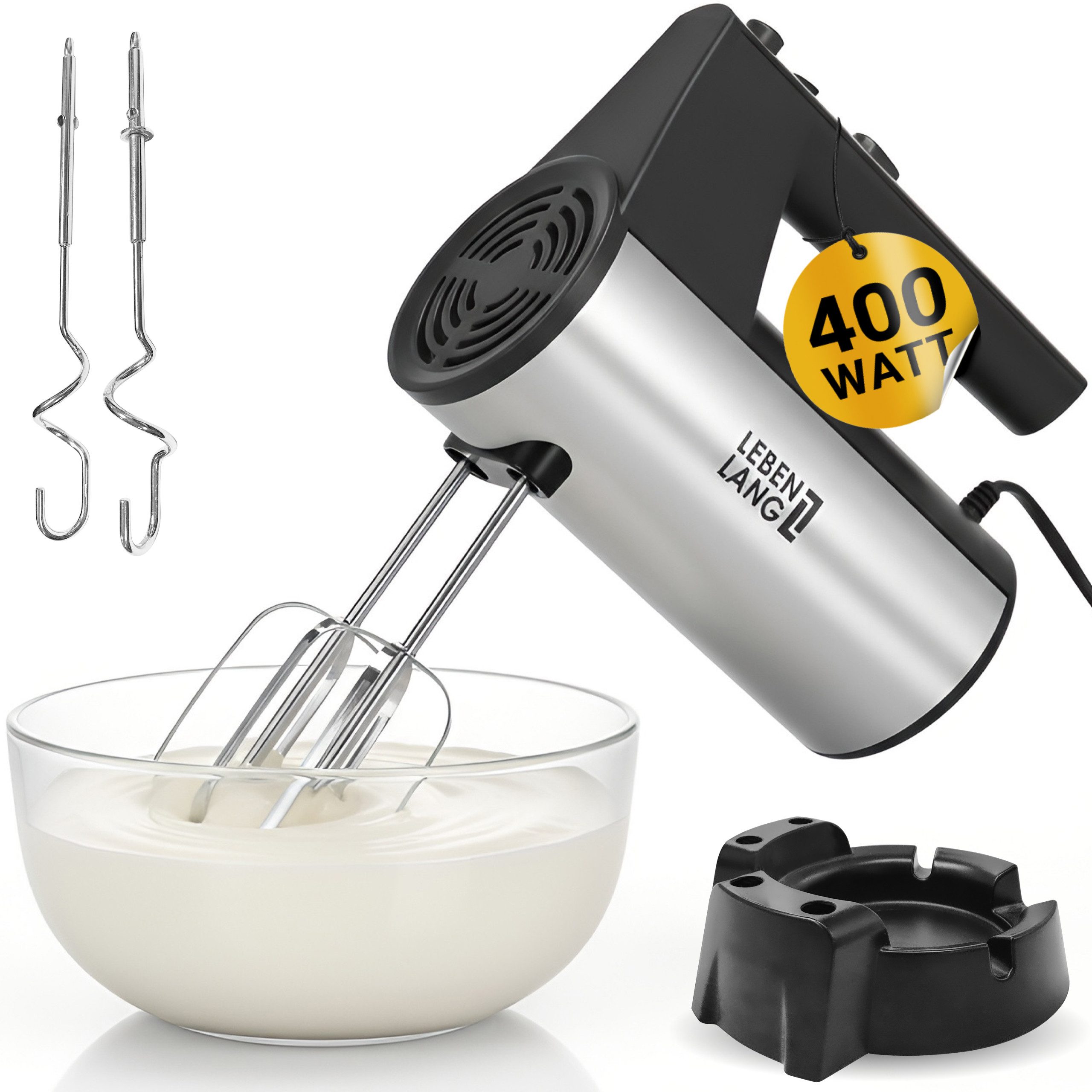 Lebenlang Handmixer Handrührgerät 400W mit 5 Stufen & Turbo - Inkl. Standhalterung, 400 W, Basisstation, Hochwertige Rührbesen & Knethaken aus Edelstahl