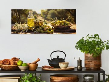 artissimo Glasbild Glasbild 80x30cm Bild aus Glas Küche Küchenbild grün mediteran, Essen und Trinken: Oliven / Olivenöl / Wein