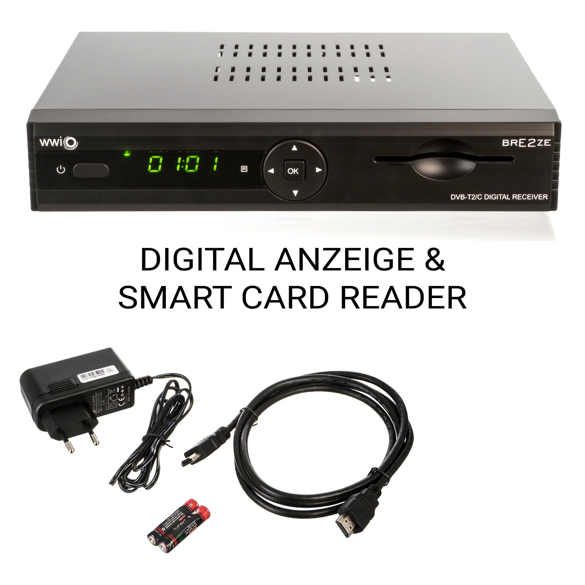 WWIO Bre2ze T2/C DVB-T2/C Hybrid Digital Receiver DVB-T2 HD Receiver (Ethernet 10/100 Mbit/s, HEVC‑Decoder für klare Bildqualität bis 1080p)
