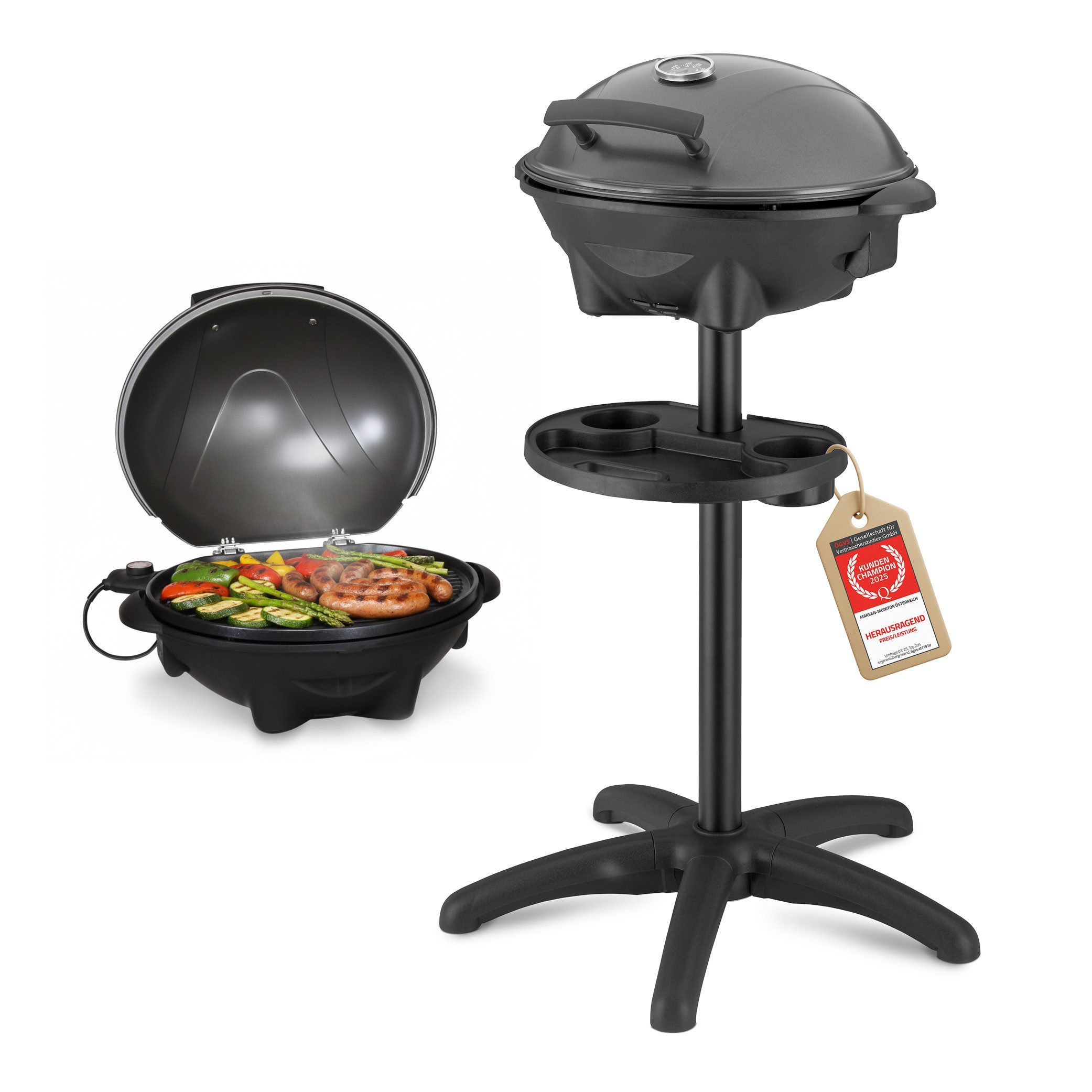 TZS FIRST AUSTRIA Elektrogrill 2in1 Standgrill 2400W, Kugelgrill mit Thermometer & Tropfschale, 2400 W, Elektrischer Grill mit Standfuß, Deckel & Ablage