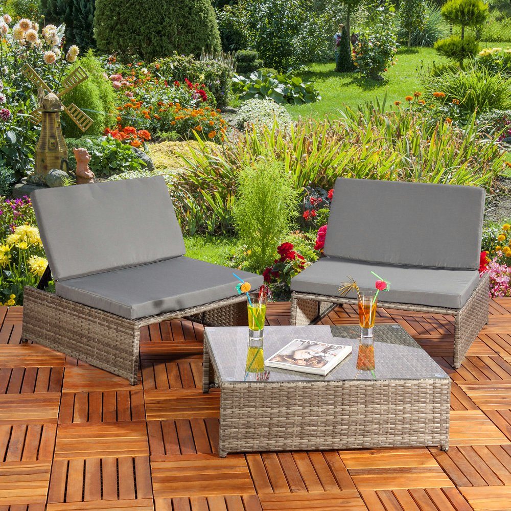 Feel2Home Garten-Essgruppe Gartenmöbelset Sessel Tisch Sitzgruppe Polyrattan versch. Farben, (Sitzgruppe, 3-teiliges Sitzset bestehend aus 2 Sesseln und 1 Tisch), wasserabweisend