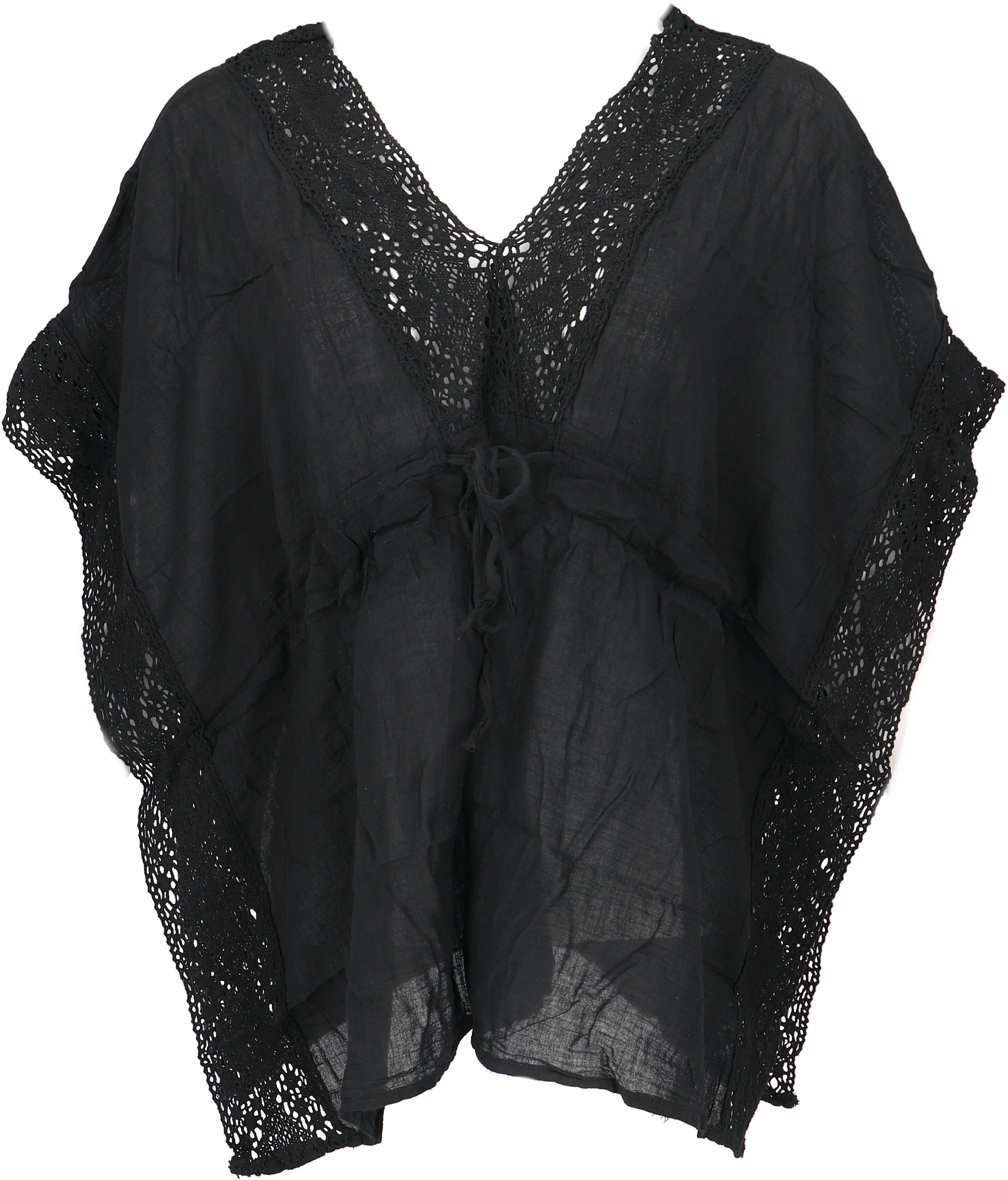 Guru-Shop Longbluse Kurze Kaftanbluse schwarz Boho Spitze, alternative Bekleidung mit -.. Kaftan