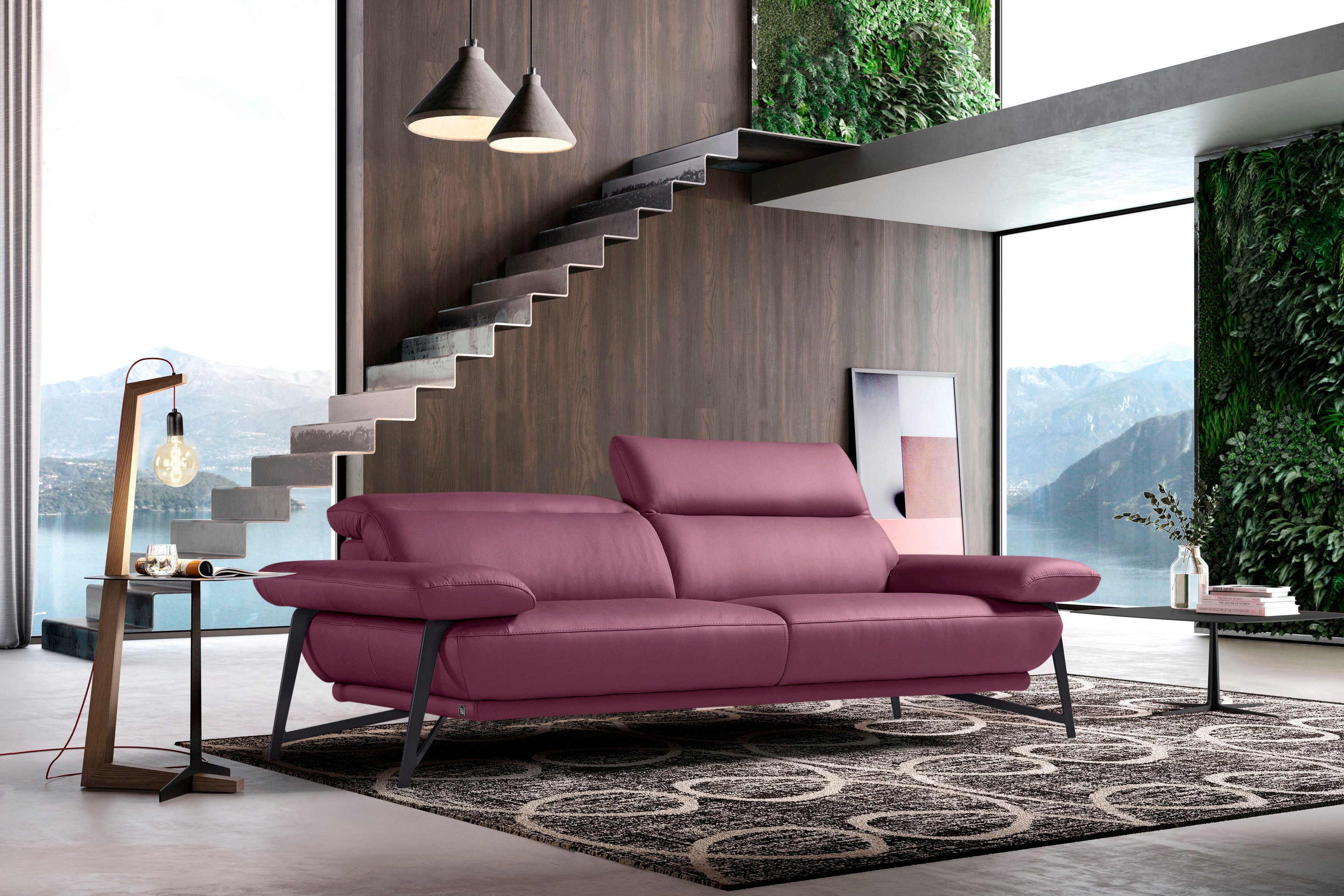 Egoitaliano 2,5-Sitzer Anais, Designsofa mit erstklassigem Sitzkomfort, Fußfarbe schattengrau, Kopfteil verstellbar, 232 cm, Leder NUVOLE, violett