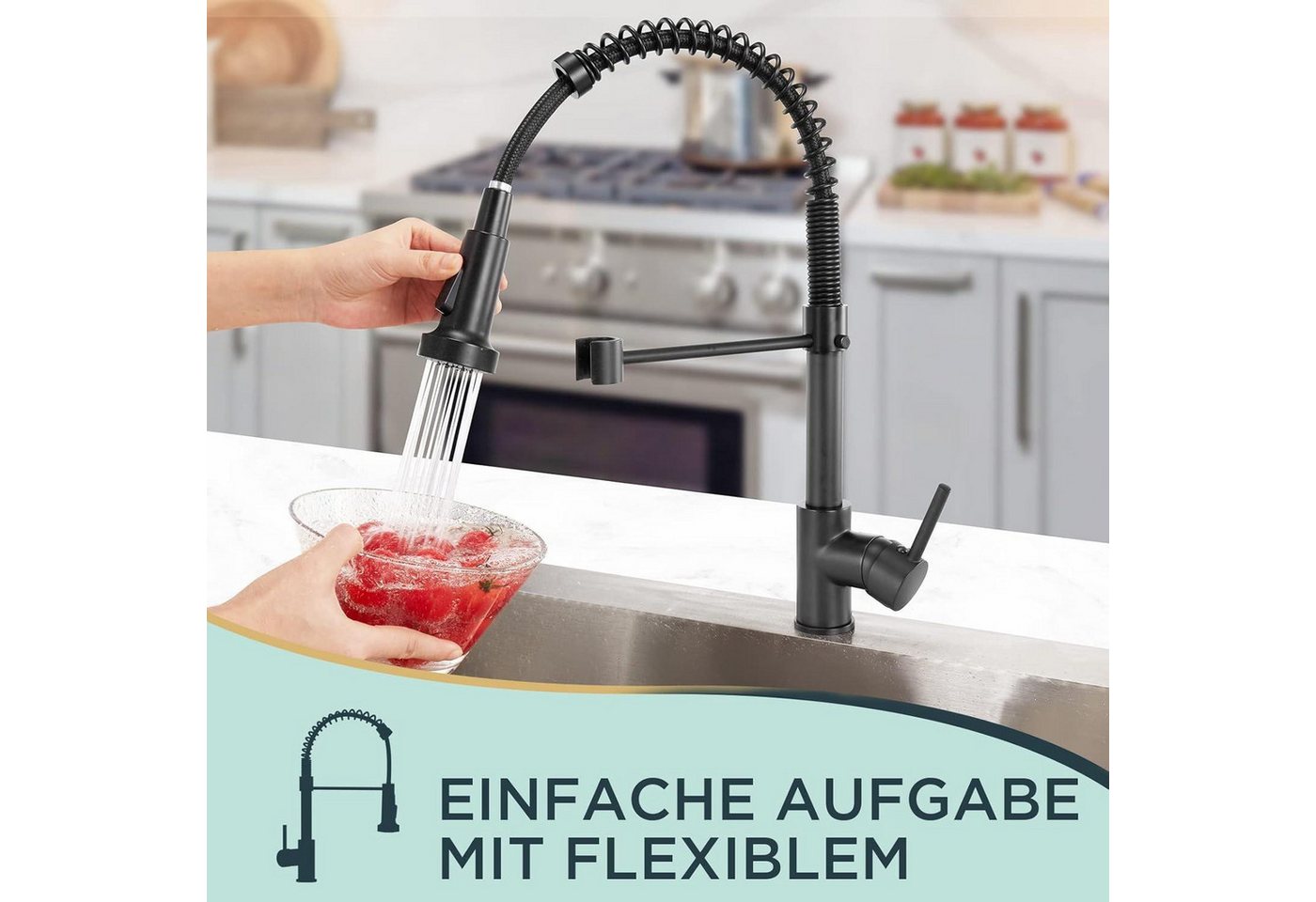 Thumbnail - LuxusKollektion Küchenarmatur Wasserhahn Küche Schwarz Hoher Bogen Hochdruck Armatur 360° Schwenkbar