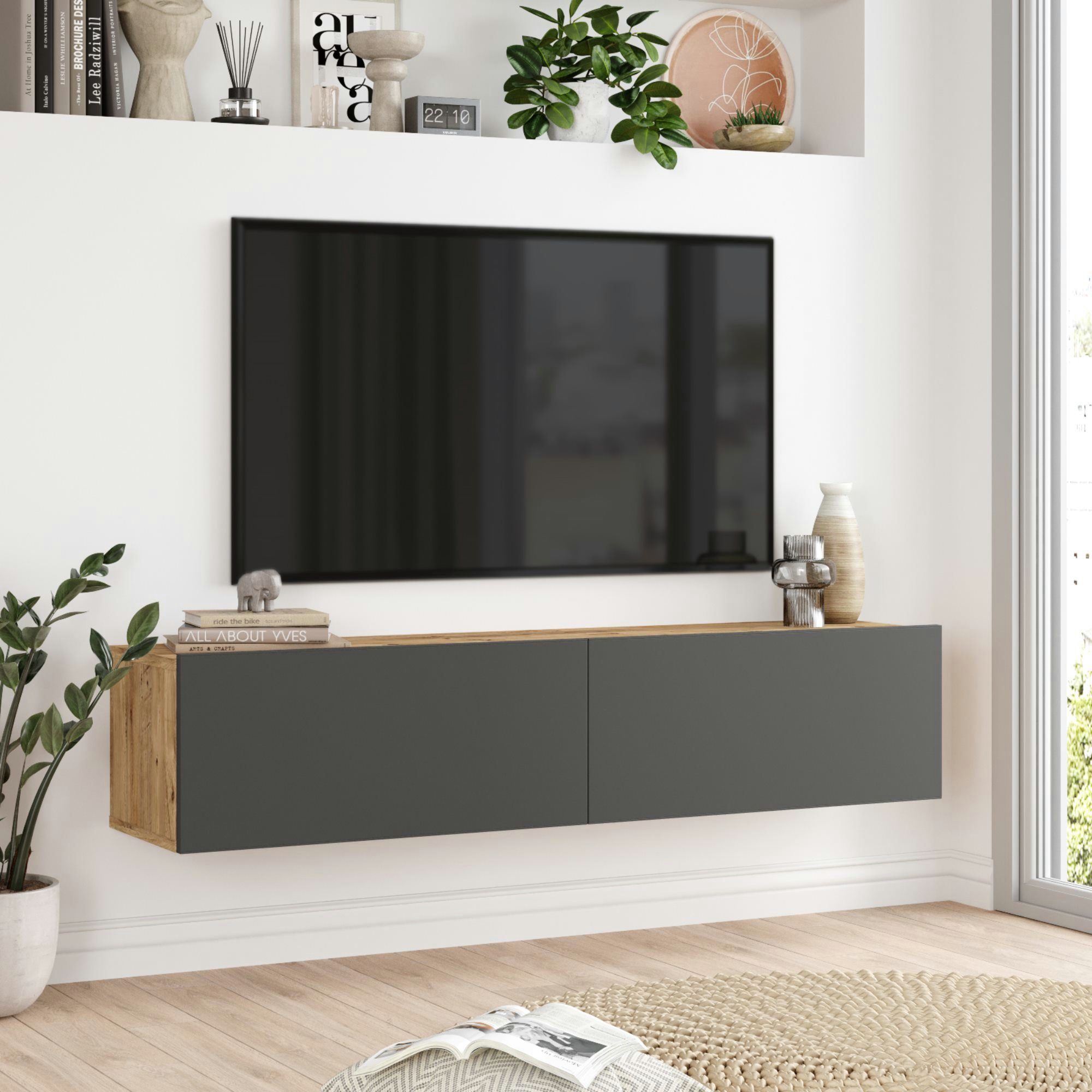 en.casa TV-Schrank 140x31,5x29,5cm »Lapinlahti« Eiche rustikal/Anthrazit