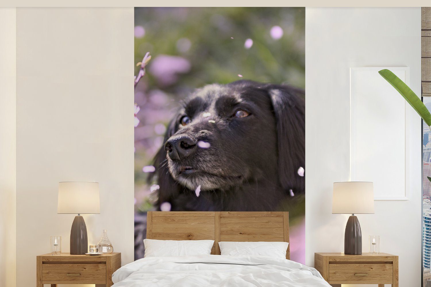 MuchoWow Fototapete Hund - Blumen - Haustier, Matt, bedruckt, (2 St), Vliestapete für Wohnzimmer Schlafzimmer Küche, Fototapete