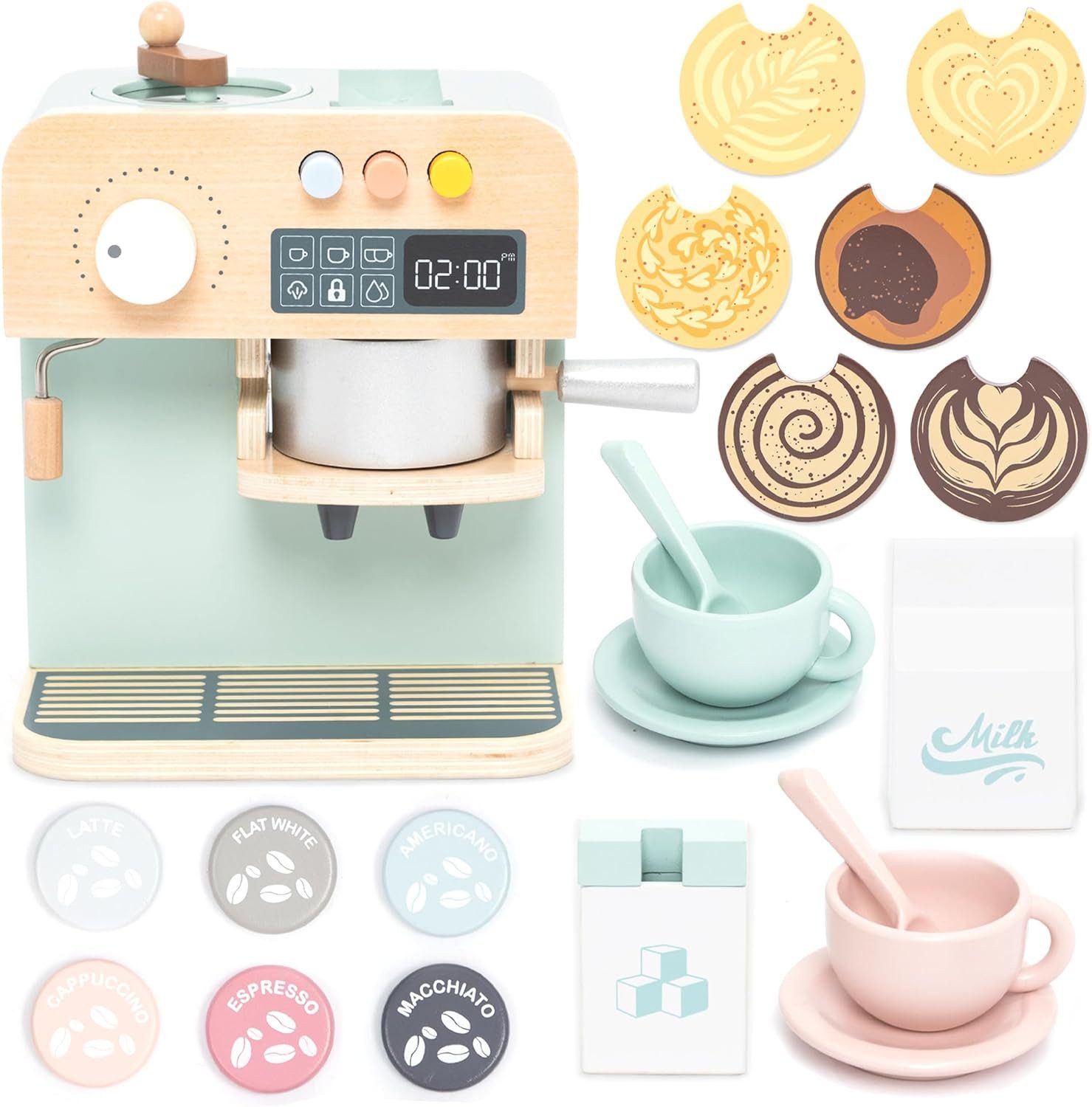 Esun Spielküche Kaffeemaschine Kinder Holz, Kinderküche Zubehör 23 St. Spielzeug, Küchengeräte Geschenke Jungen und Mädchen ab 3 4 5