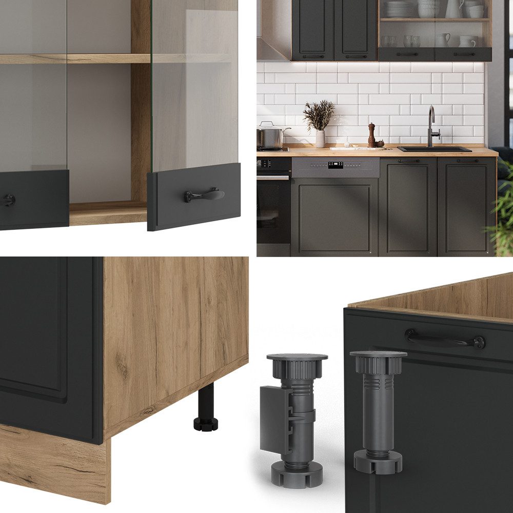 Vicco Küchenzeile R-Line, Anthrazit Landhaus/Goldkraft Eiche, 300 cm, AP Anthrazit