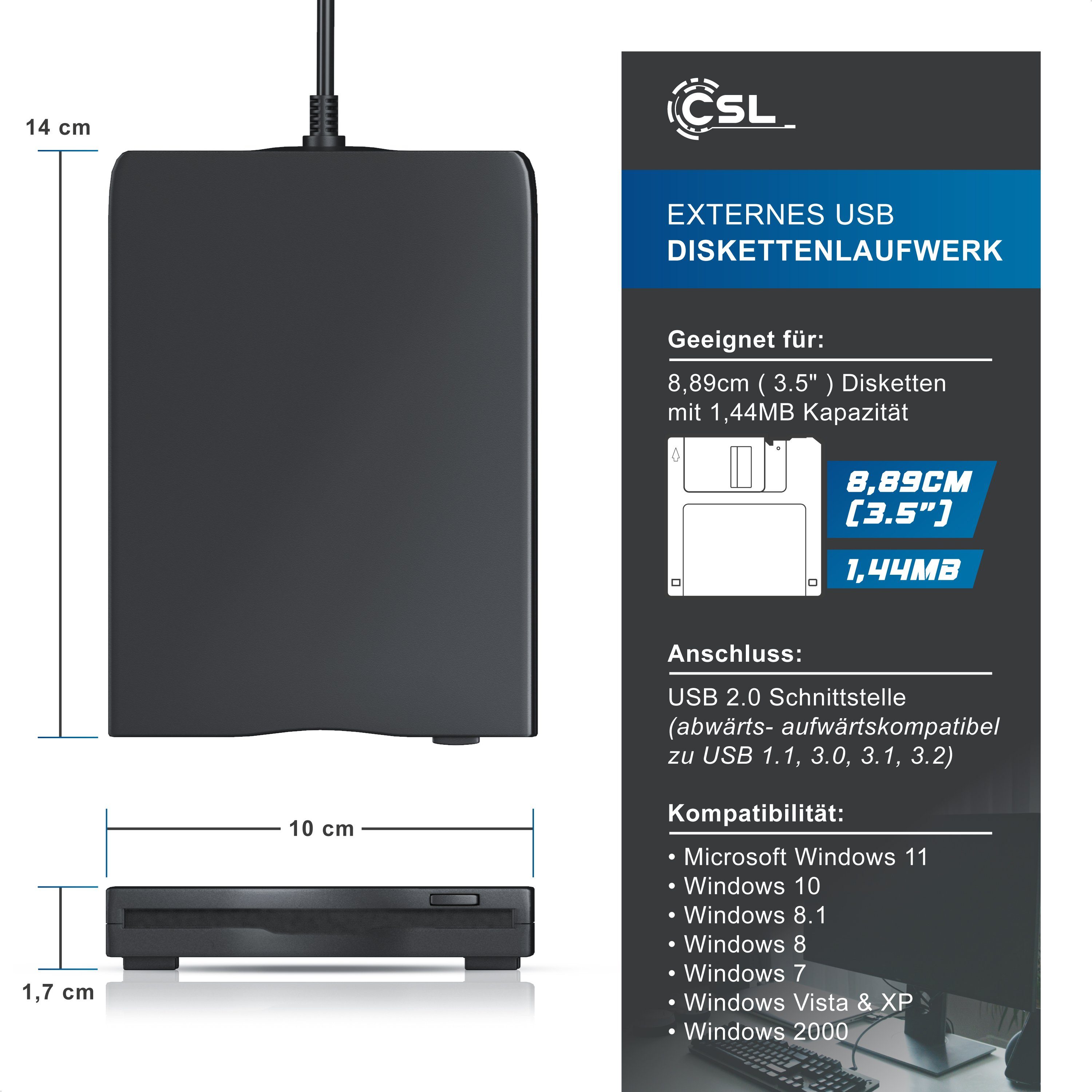 CSL Externes USB Diskettenlaufwerk FDD 1,44MB (3,5) geeignet für PC & MAC Diskettenlaufwerk (USB 2.0, USB 2.0 Schnittstelle (abwärts- aufwärtskompatibel), Windows 11 fähig)