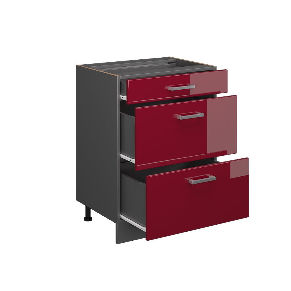 Vicco Unterschrank R-Line, Rot Hochglanz/Anthrazit, 60 cm mit Schubladen, ohne Arbeits... (1-St)