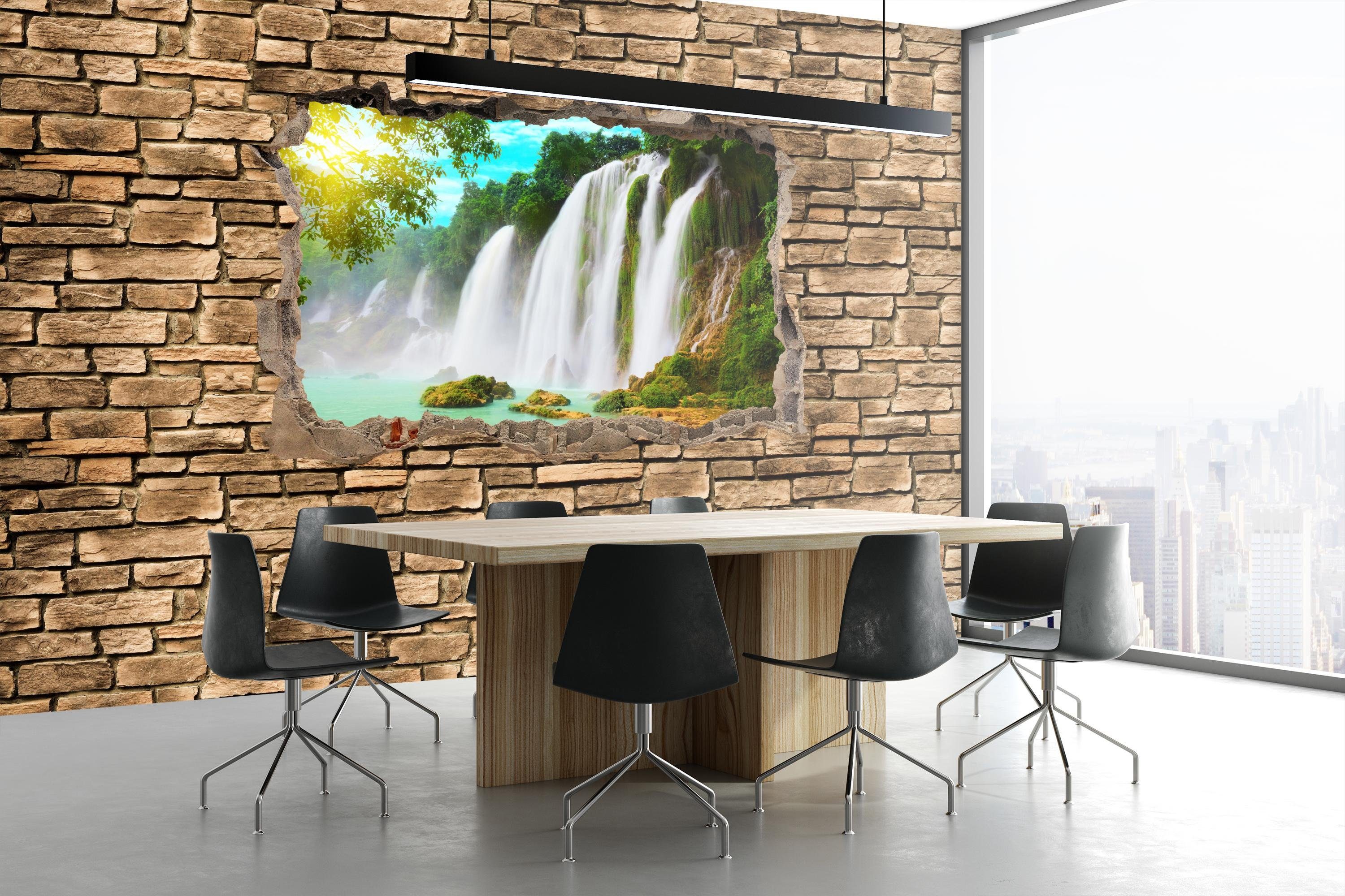 wandmotiv24 Fototapete 3D Wasserfall - Vliestapete Wandtapete, Steinmauer, glatt, matt, Motivtapete