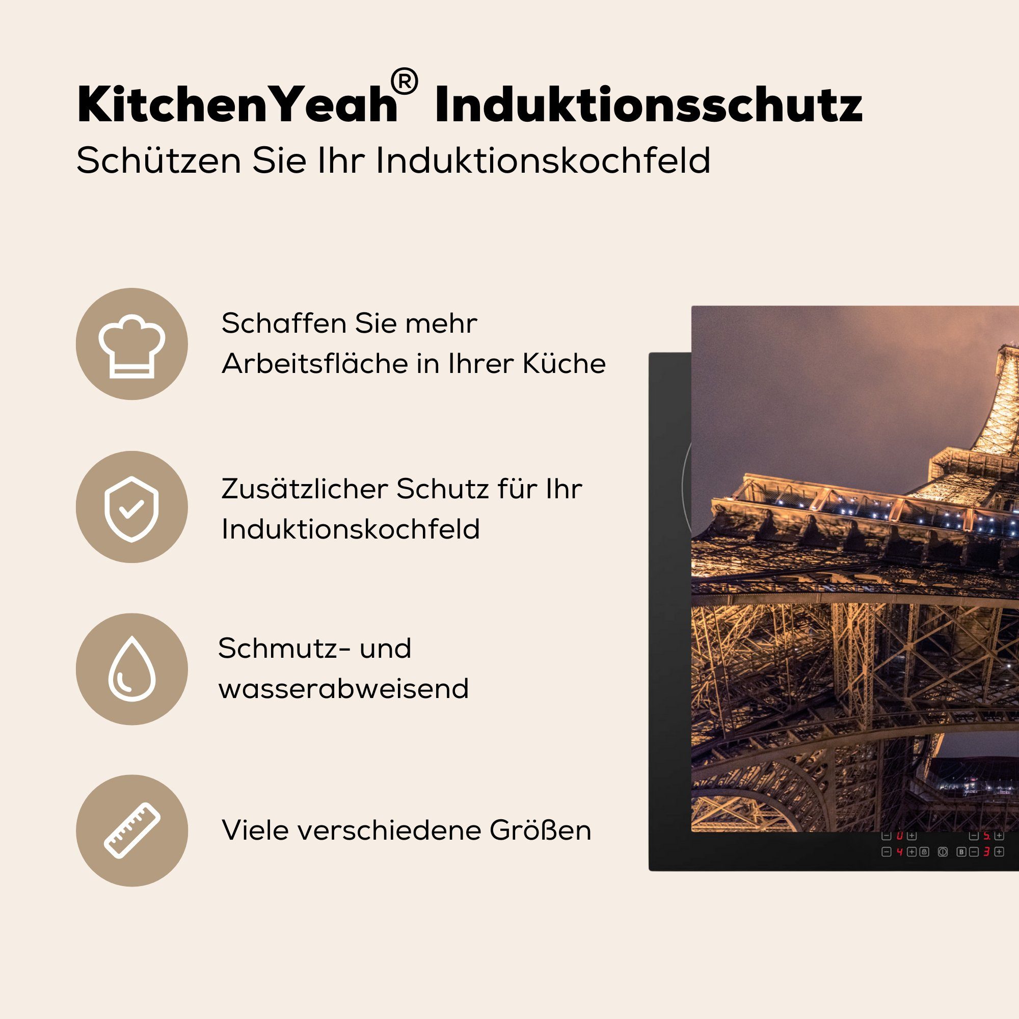 Nacht, Induktionskochfeld Herdblende-/Abdeckplatte Schutz - Eiffelturm (1 tlg), Vinyl, MuchoWow Architektur Ceranfeldabdeckung die für - küche, cm, 81x52