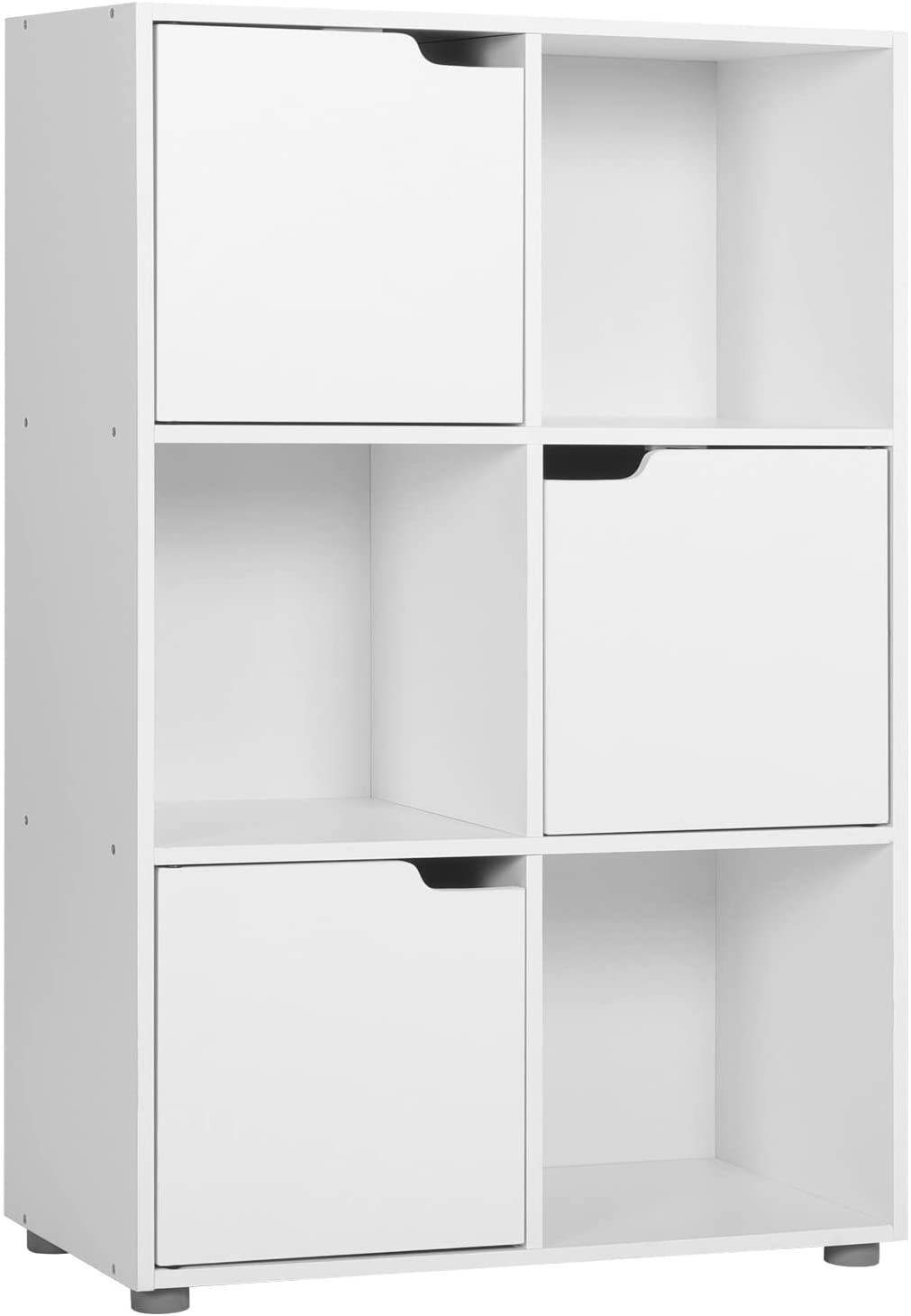 Woltu Bücherregal, 1-tlg., Standregal mit 3 Türen, MDF, 6 Fächer, 60x30x91cm Weiß