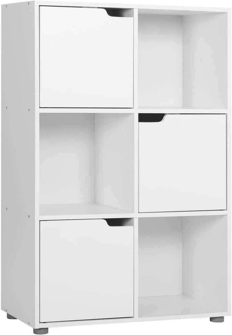 Woltu Bücherregal, 1-tlg., Standregal mit 3 Türen, MDF, 6 Fächer, 60x30x91cm, Weiß