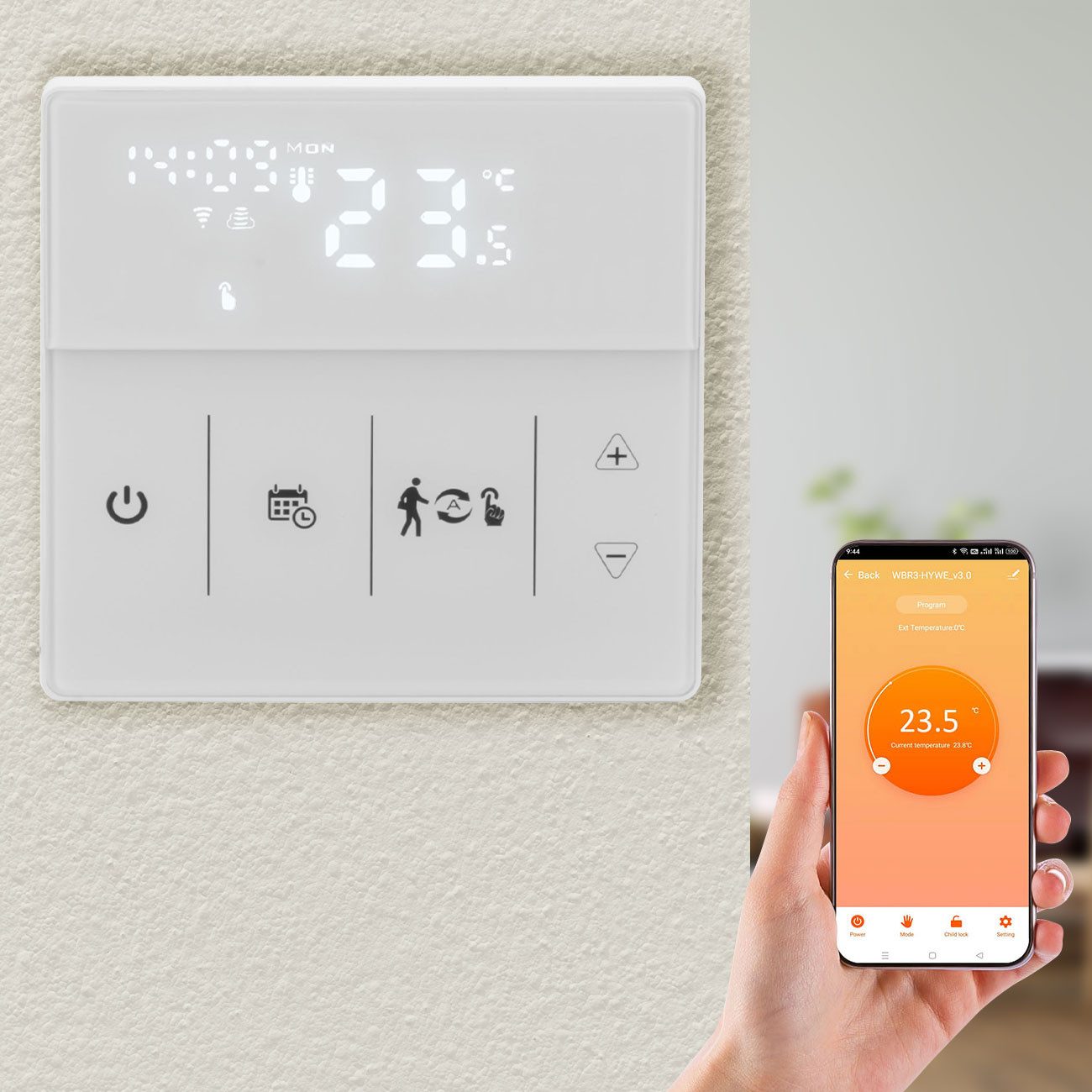 Casativo Raumthermostat WLAN Thermostat Touchscreen-Display für Fußbodenheizung programmierbar, Netzbetrieb, (1-St., 1er-Set & 2er-Set & 4er-Set), App & Sprachsteuerung/3 Programm-Modi/Frostschutz-Automatik